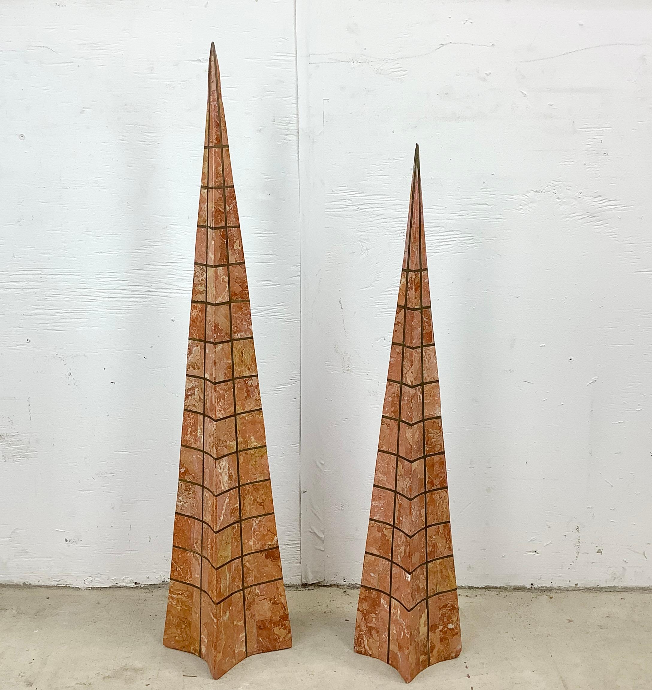 Pair Casa Bique Blush Marble and Brass Obelisks, Attr. Robert Marcius In Good Condition For Sale In Trenton, NJ