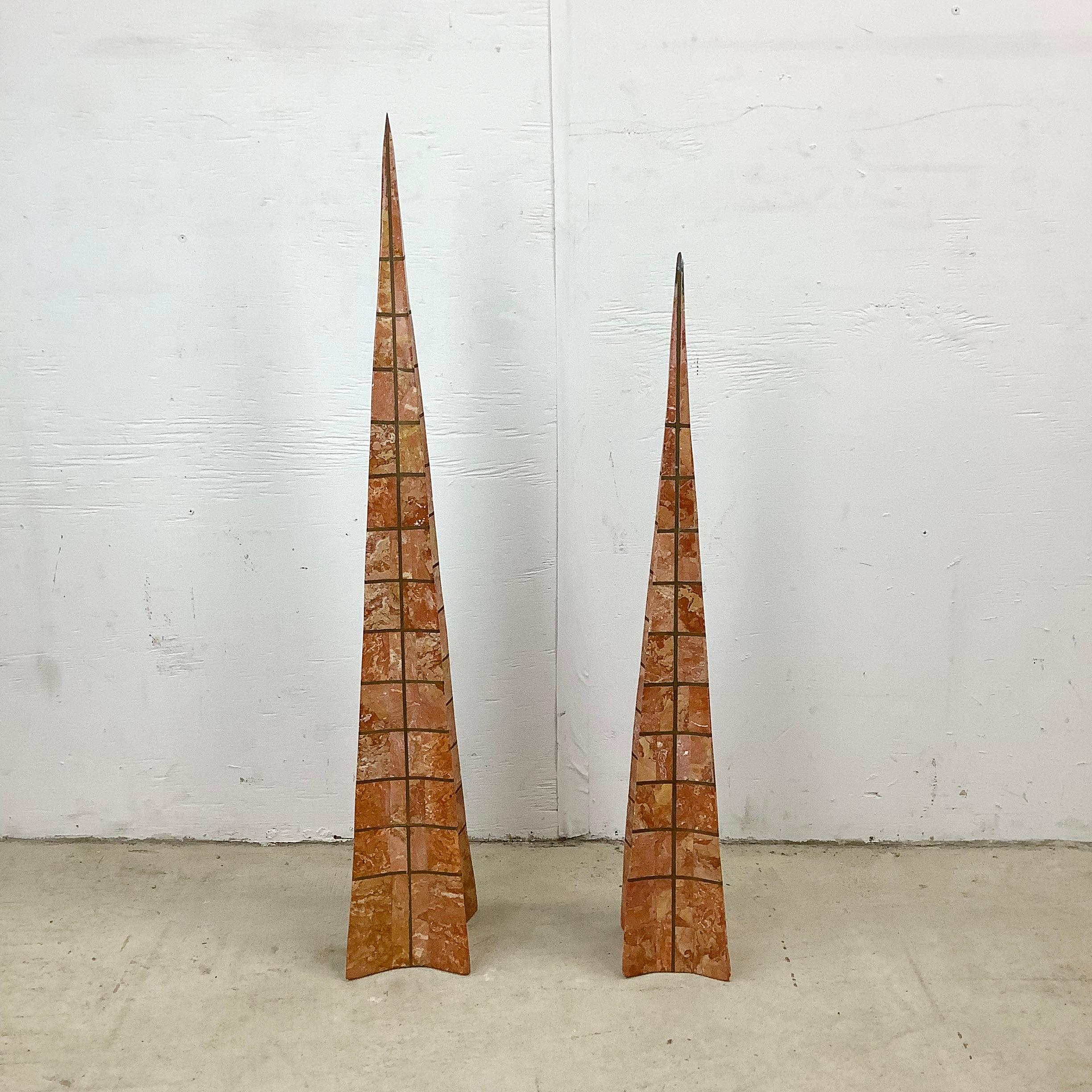 20th Century Pair Casa Bique Blush Marble and Brass Obelisks, Attr. Robert Marcius For Sale