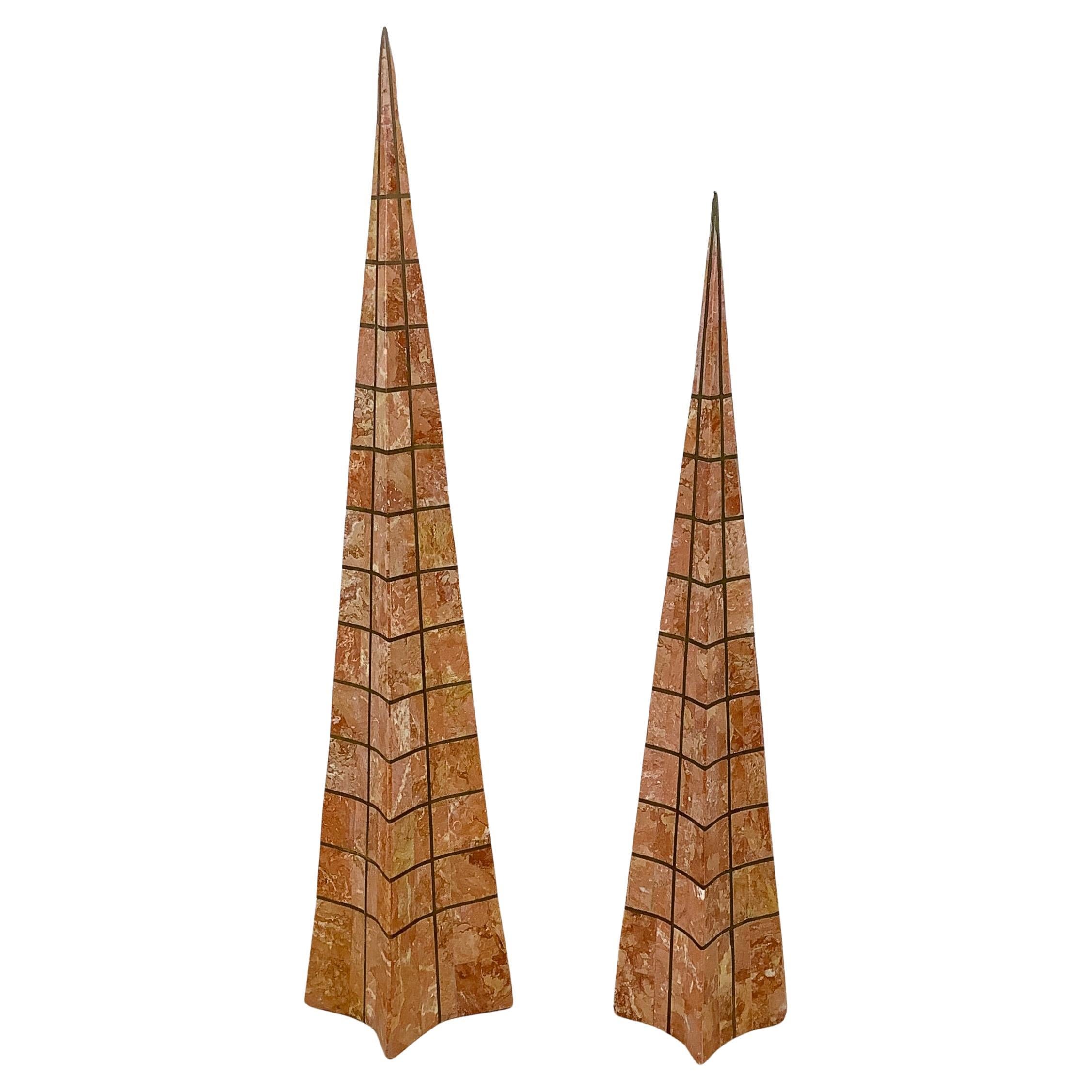 Pair Casa Bique Blush Marble and Brass Obelisks, Attr. Robert Marcius