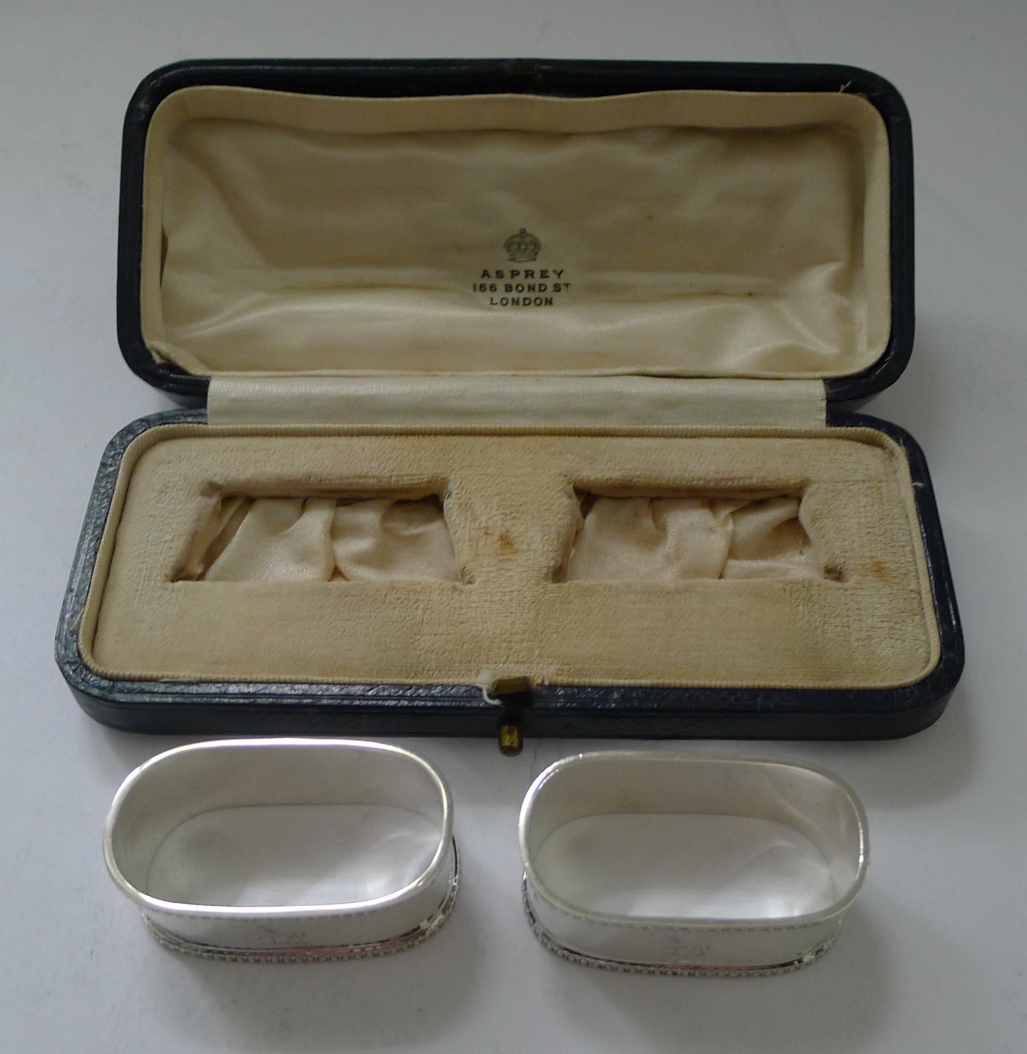 Pair Cased Antique Sterling Silver Napkin Rings by Asprey & Co. For Sale 1
