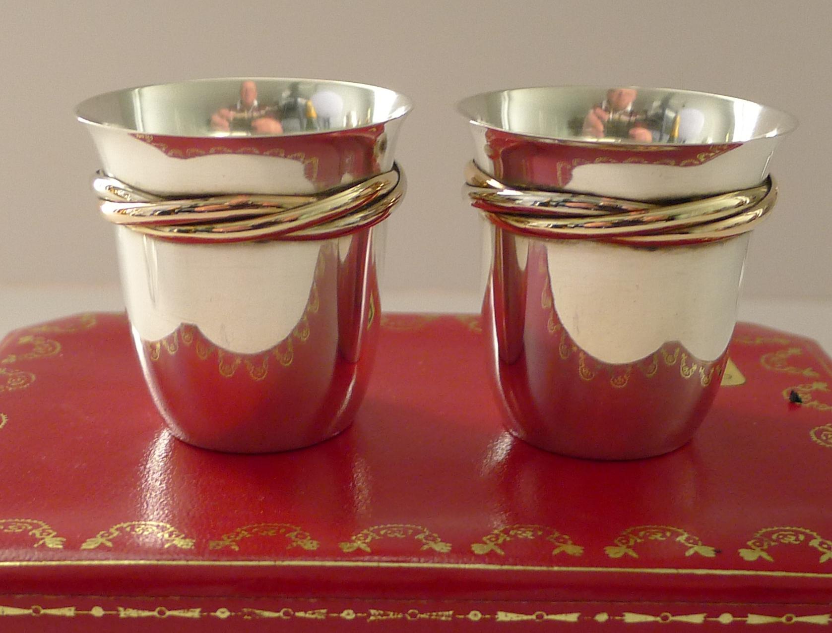Pair Cased Cartier Silver Trinity Shot Glasses c.1970 5