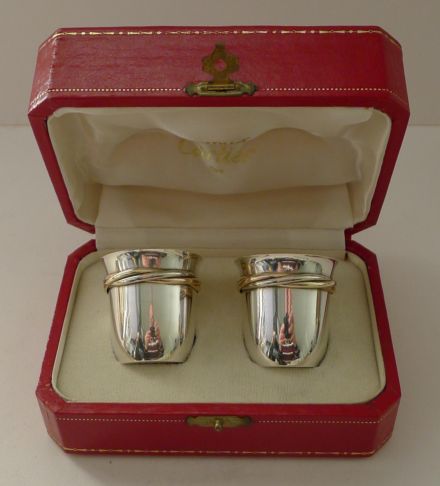 Mid-Century Modern Pair Cased Cartier Silver Trinity Shot Glasses c.1970