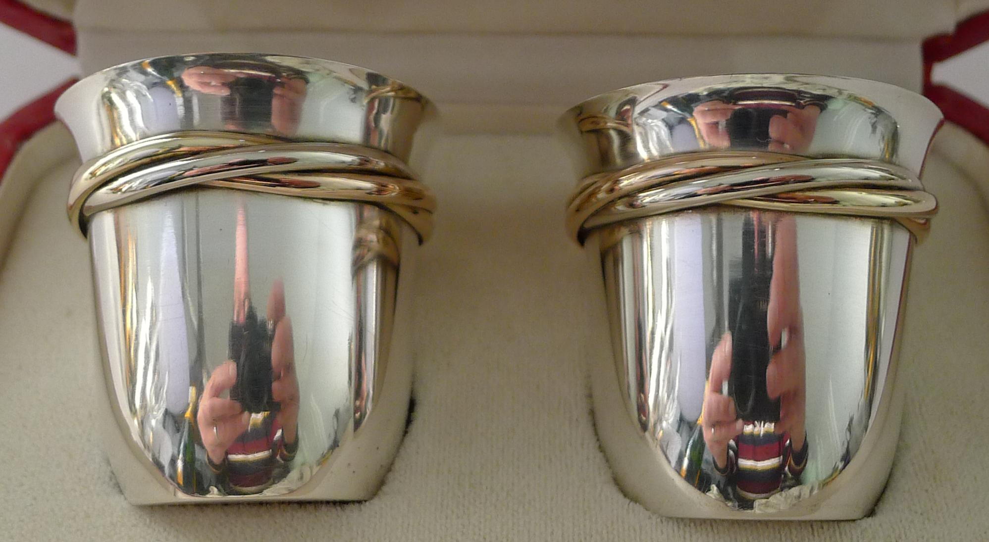 French Pair Cased Cartier Silver Trinity Shot Glasses c.1970