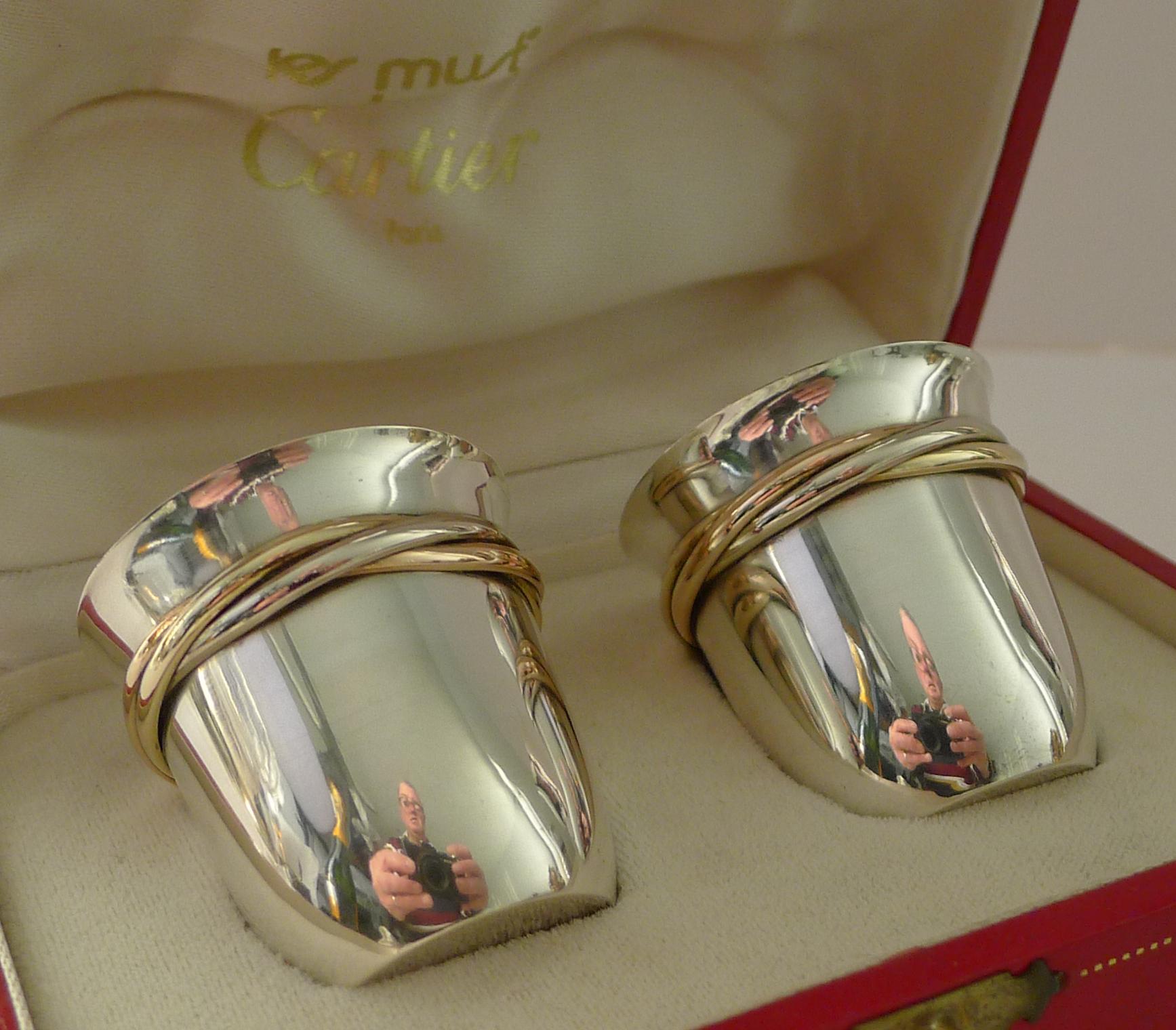 Late 20th Century Pair Cased Cartier Silver Trinity Shot Glasses c.1970