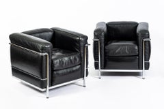 Pair Cassina LC2 Petit Modele Armchairs by Le Corbusier, Black Leather