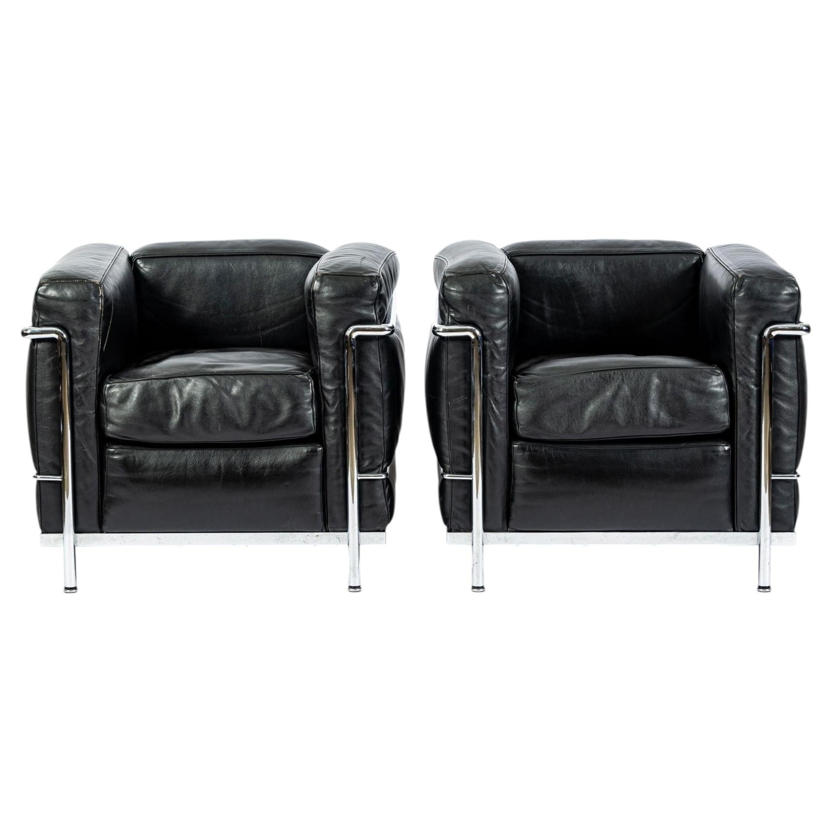 Pair Cassina LC2 Petit Modele Armchairs by Le Corbusier, Black Leather