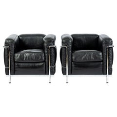Pair Cassina LC2 Petit Modele Armchairs by Le Corbusier, Black Leather