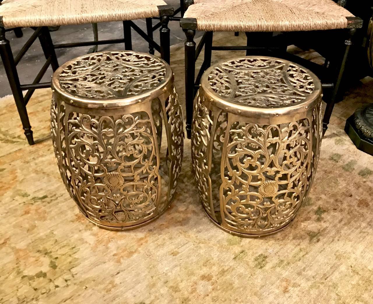 Chinoiserie Pair of Cast Brass Garden Stools, Scrolling Vines, circa 1960