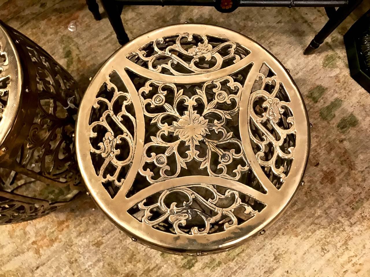 Unknown Pair of Cast Brass Garden Stools, Scrolling Vines, circa 1960