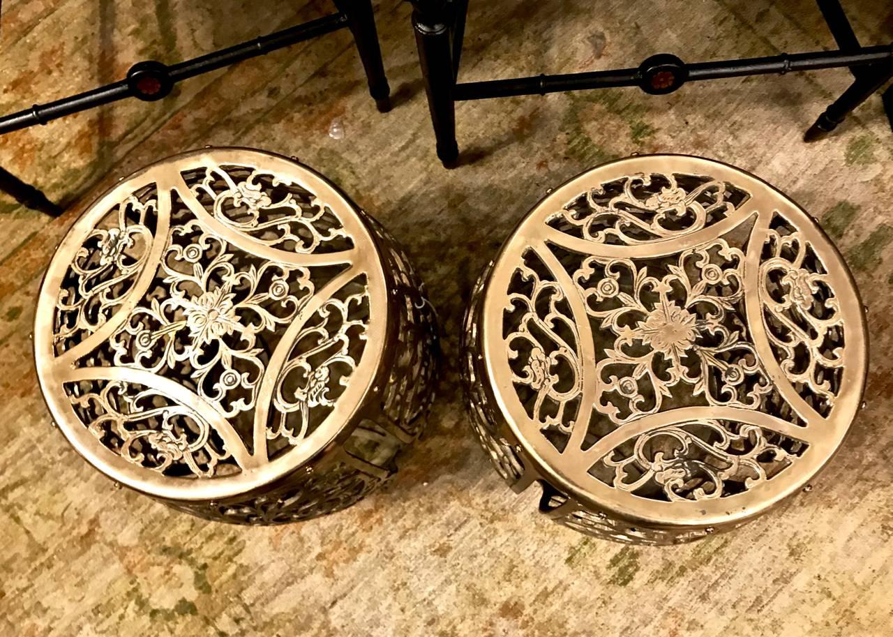 Pair of Cast Brass Garden Stools, Scrolling Vines, circa 1960 In Good Condition In Pasadena, CA