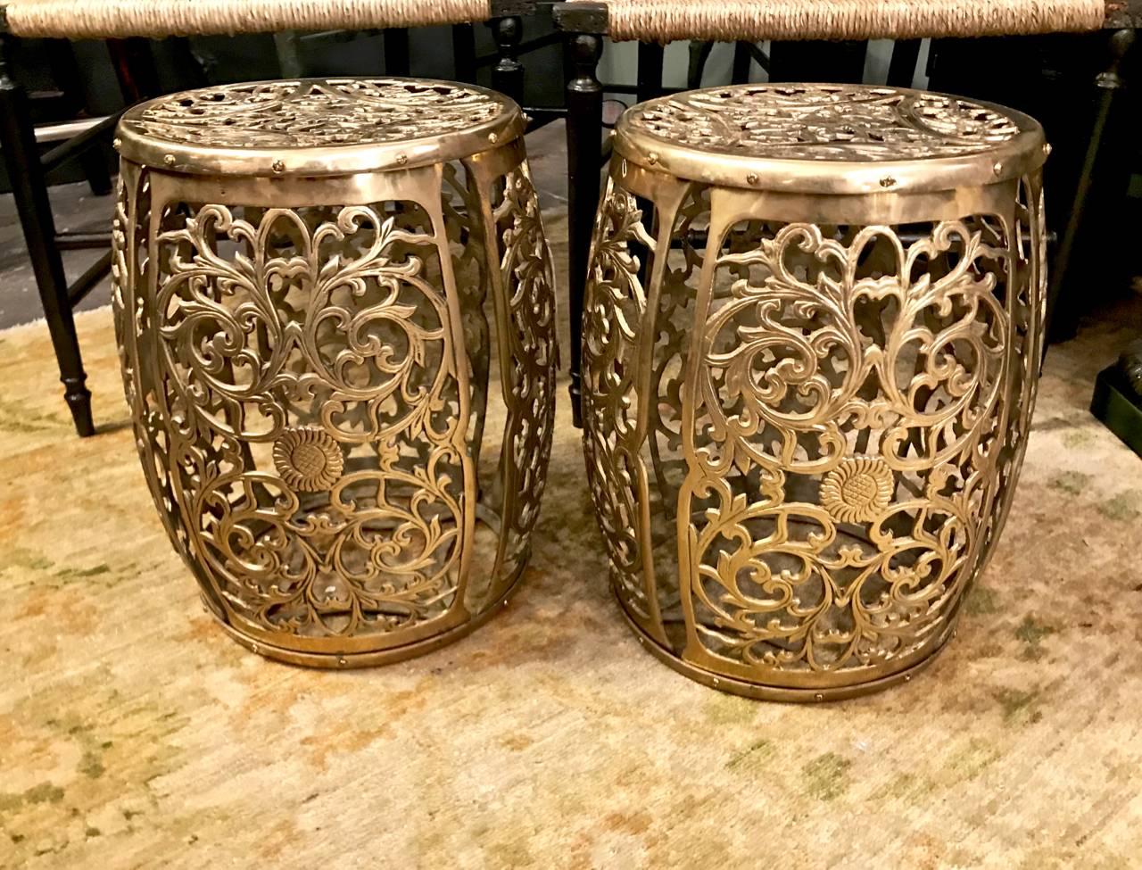 Mid-20th Century Pair of Cast Brass Garden Stools, Scrolling Vines, circa 1960