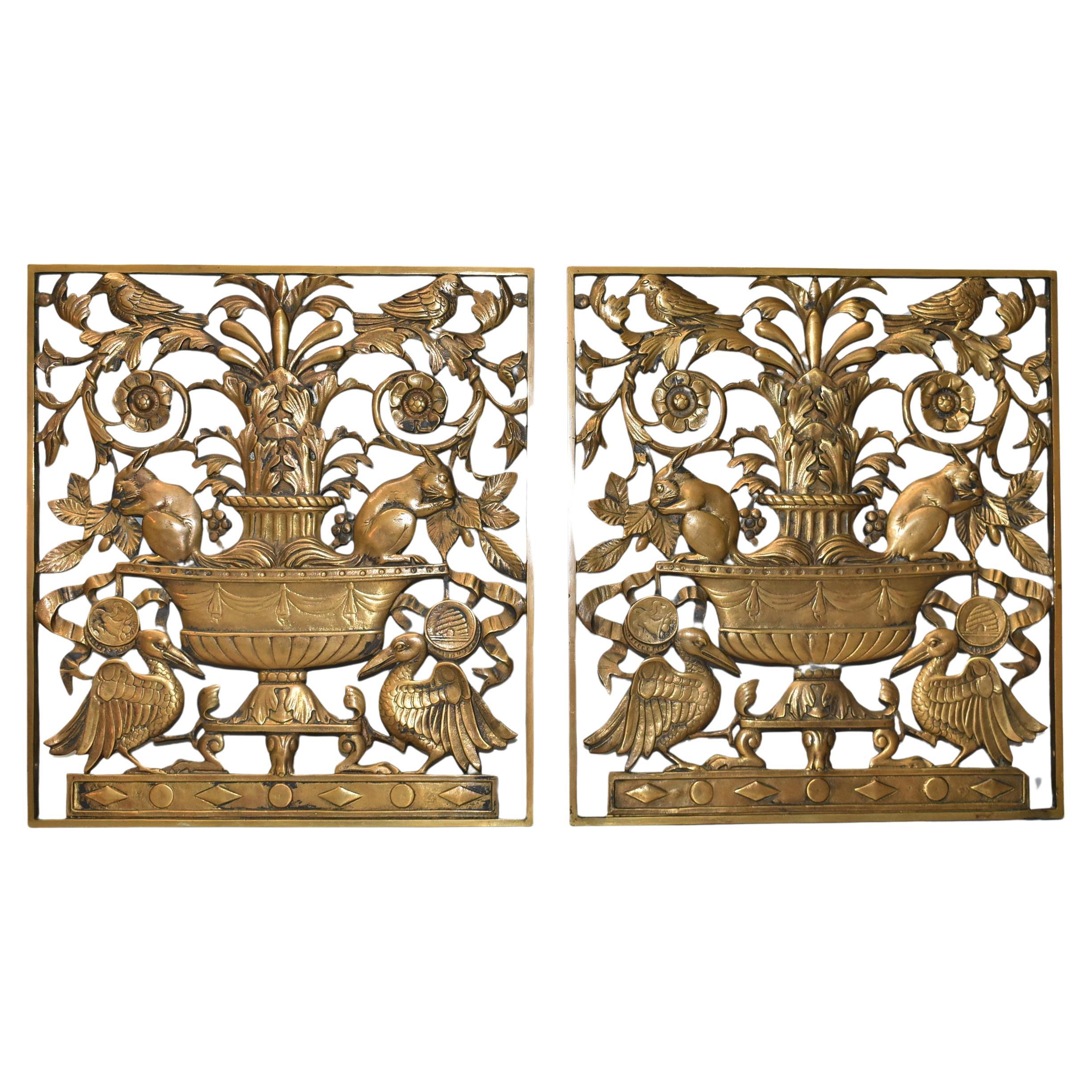 Pair Cast Bronze Art Deco Wall Panels Birds, Squirrels & Storks Floral Details 