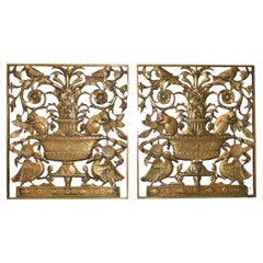 Vintage Pair Cast Bronze Art Deco Wall Panels Birds, Squirrels & Storks Floral Details 