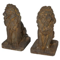 Vintage Pair Cast Hard Stone Classical Seated Lion Statues in Bronzed Finish, 21st C