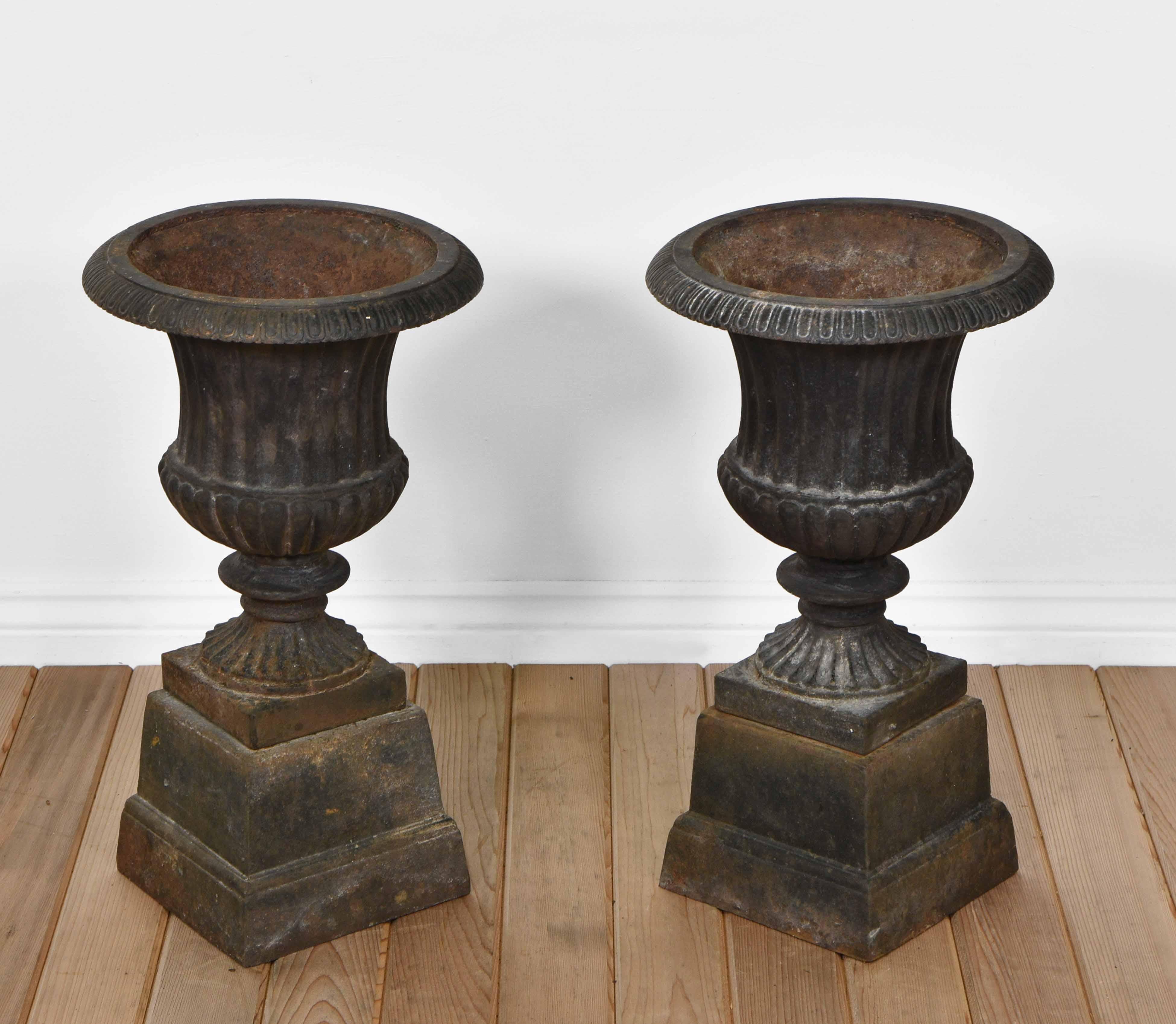 Pair Cast Iron Garden Urns on Stands For Sale 2