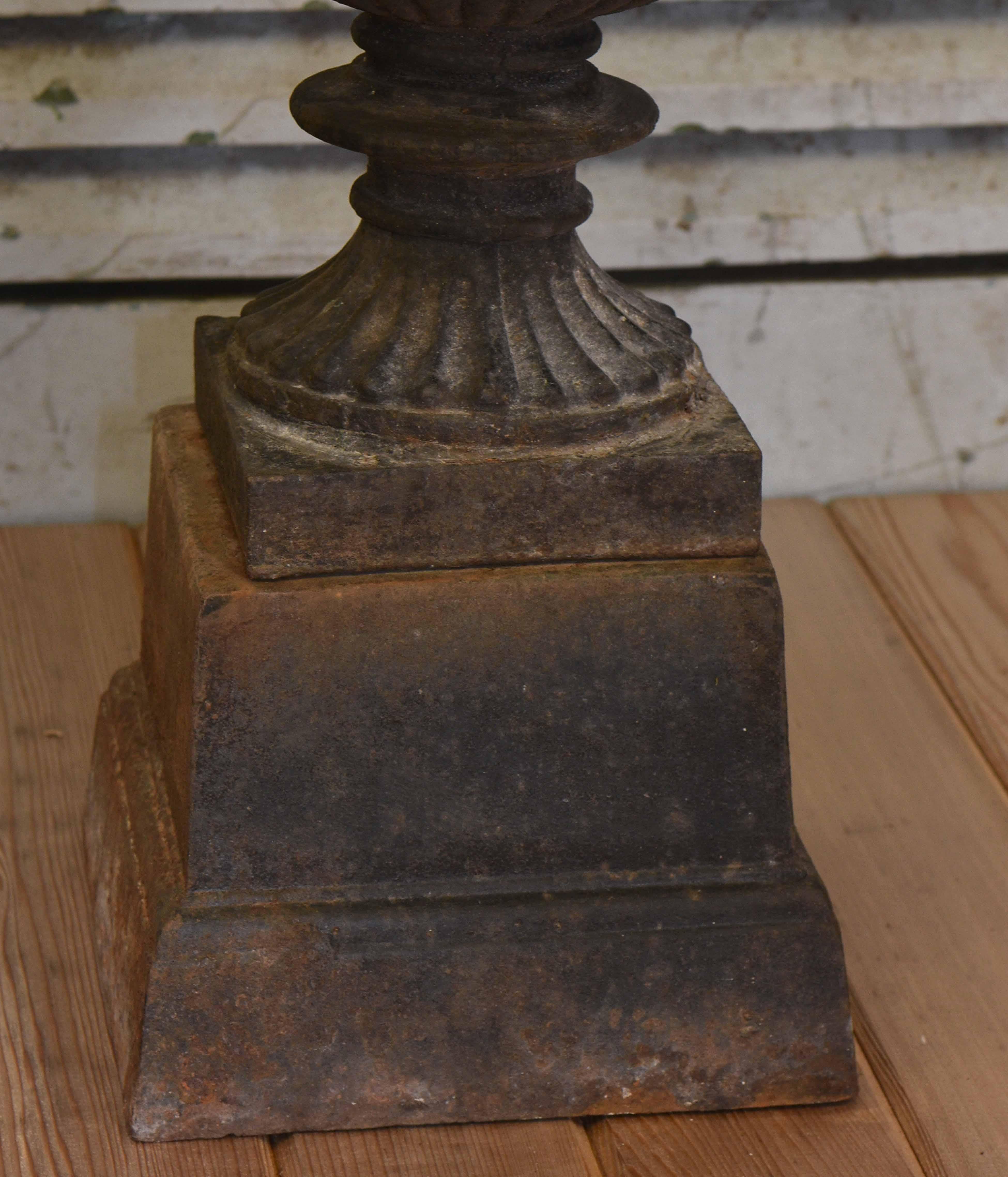 Neoclassical Pair Cast Iron Garden Urns on Stands