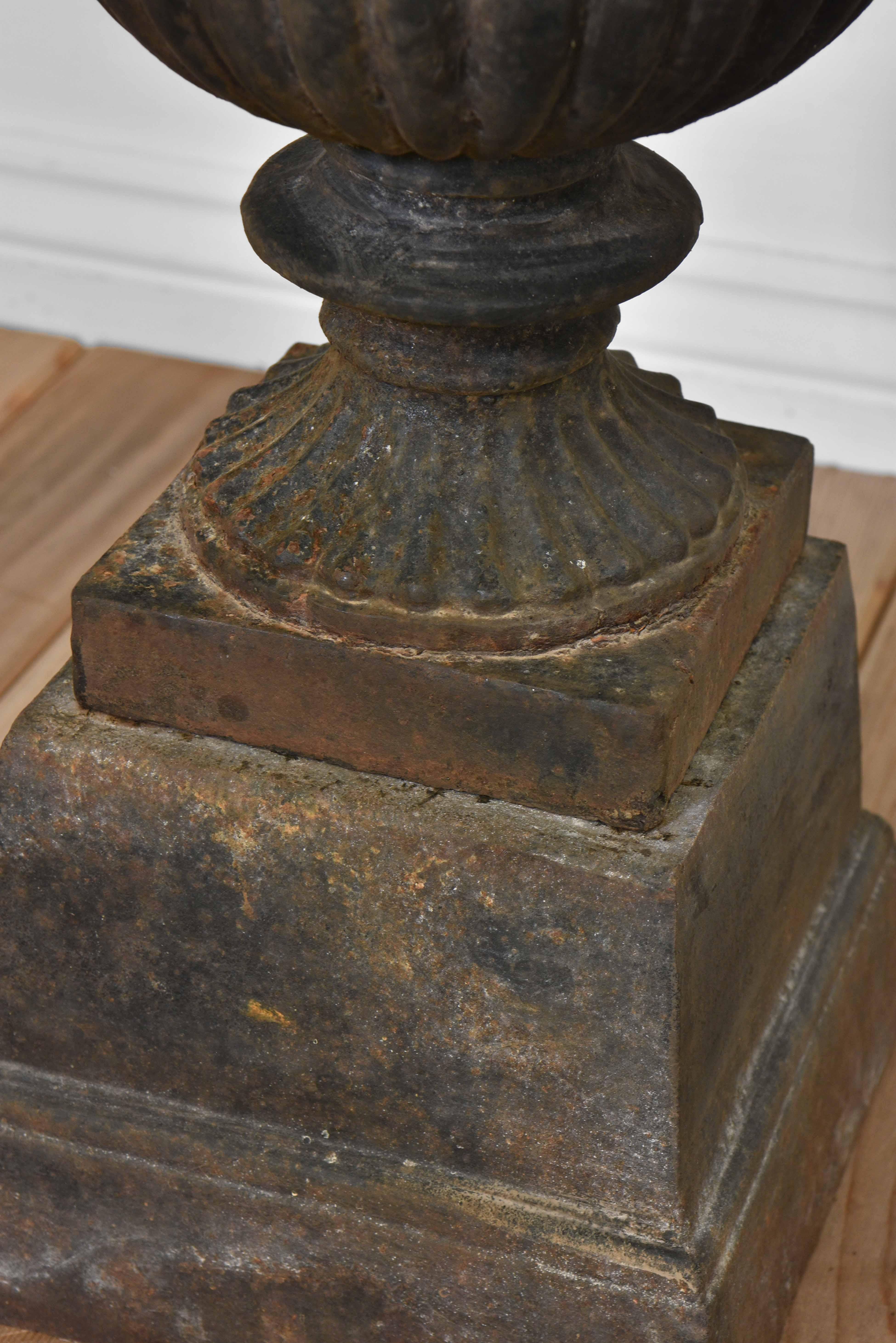European Pair Cast Iron Garden Urns on Stands