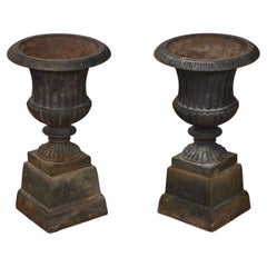 Pair Cast Iron Garden Urns on Stands