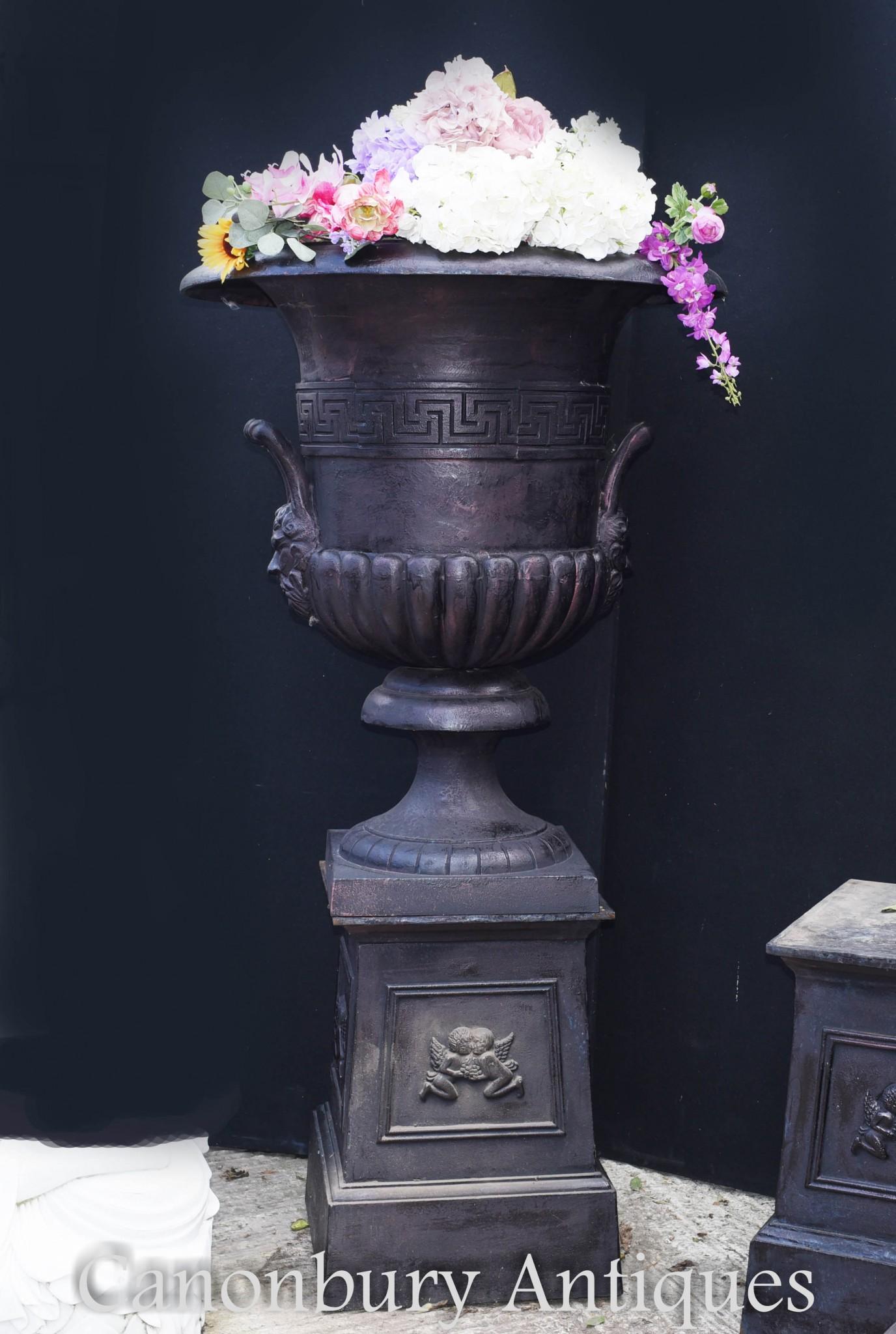 Late 20th Century Pair Cast Iron Garden Urns, Xl English Campana Planters For Sale