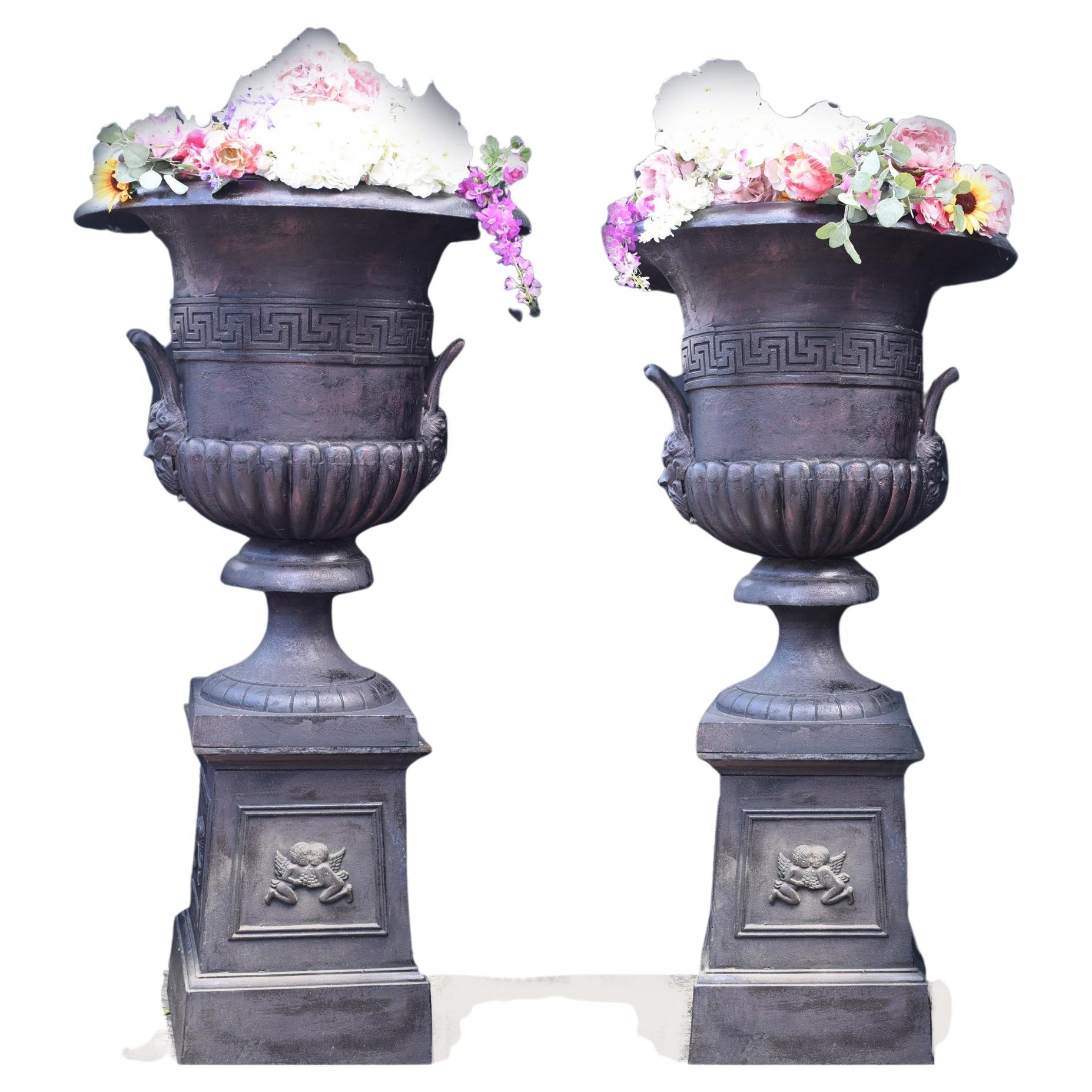 Pair Cast Iron Garden Urns, Xl English Campana Planters For Sale