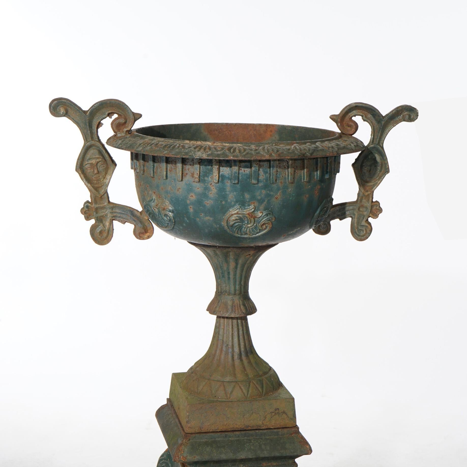 Pair Cast Iron Handled Grecian Urns on Floral Embossed Plinths 20th C 2