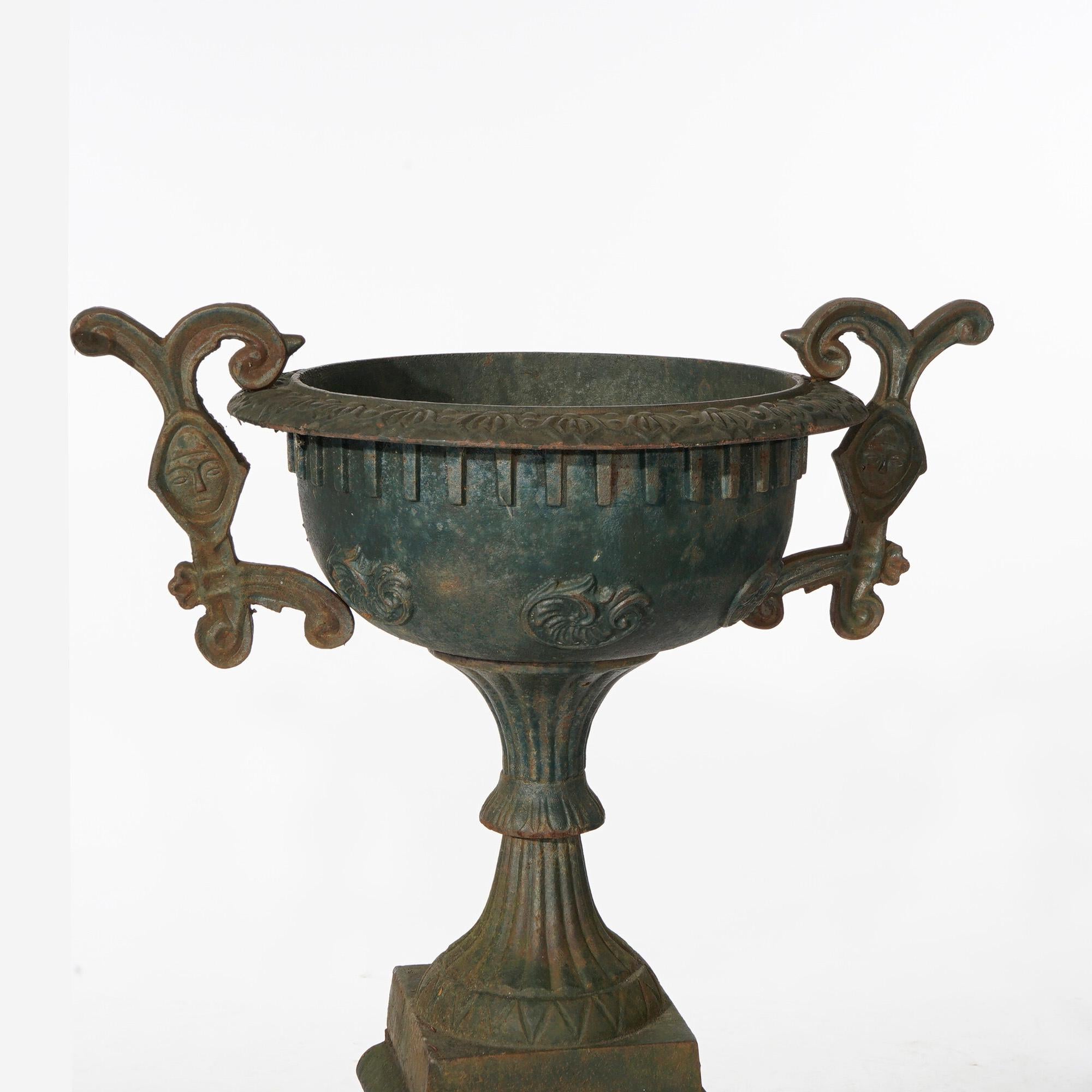 Pair Cast Iron Handled Grecian Urns on Floral Embossed Plinths 20th C 3