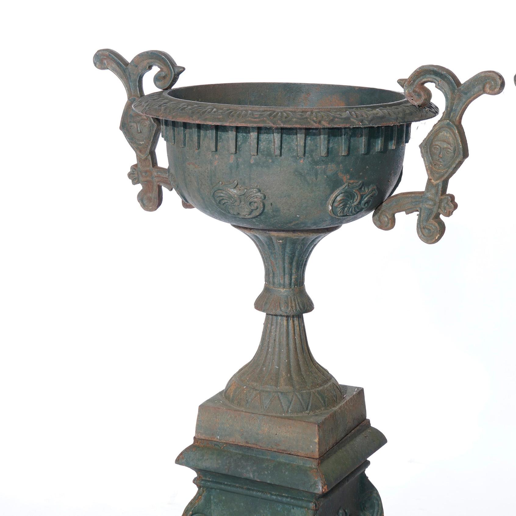 Pair Cast Iron Handled Grecian Urns on Floral Embossed Plinths 20th C 4