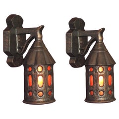 Antique Pair Cast Iron Revival / Bungalow Porch Lights c.1920s