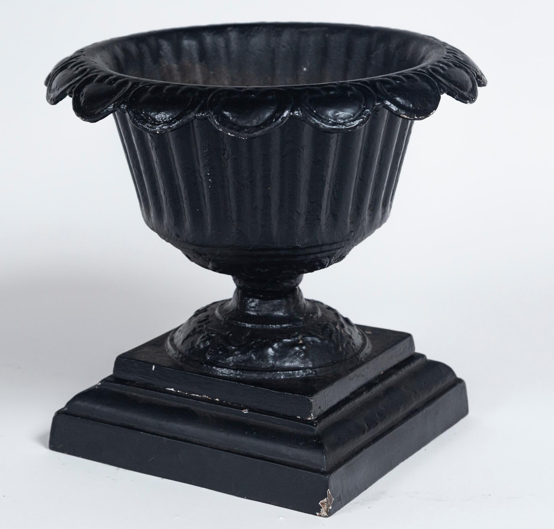 Neoclassical Pair Cast Iron Urns on Bases, early 20th Century