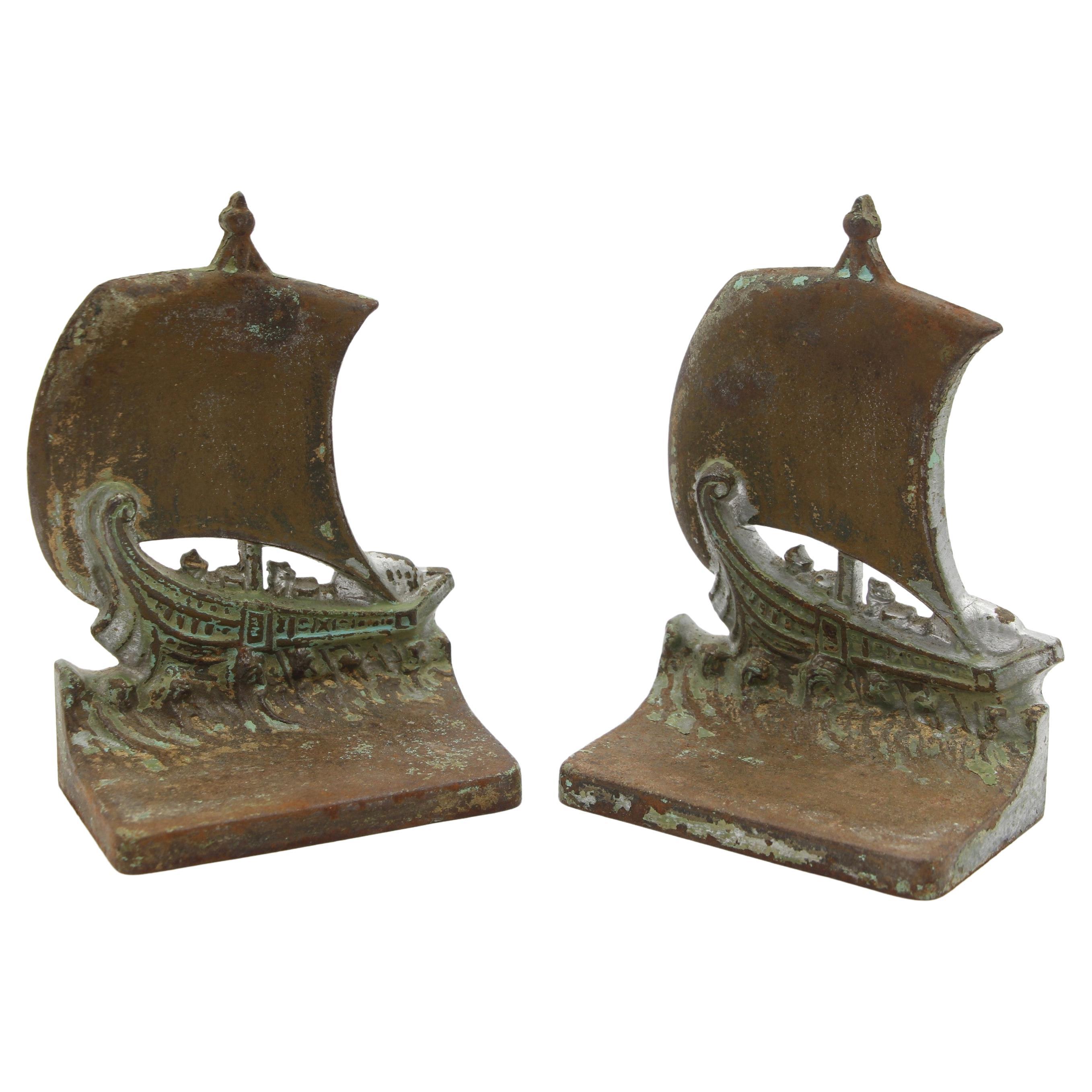 Pair Cast Iron Viking Ship Bookends Full Sail Bradley & Hubbard Manufacturers For Sale