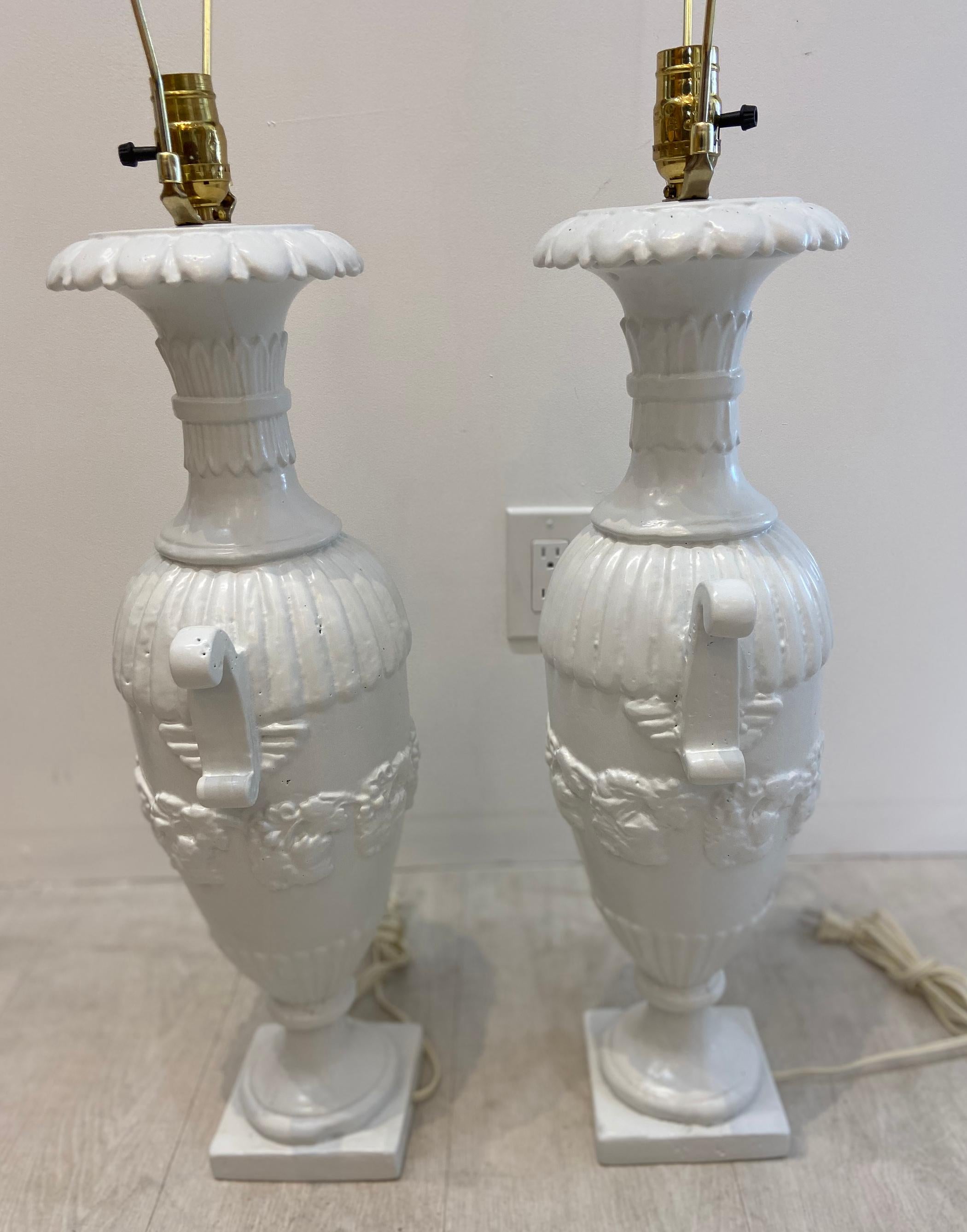 Pair of Cast Iron White Table Lamps, circa 1920s 1