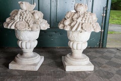 Pair Cast Stone Fruit & Flower Filled Urn Garden Ornaments