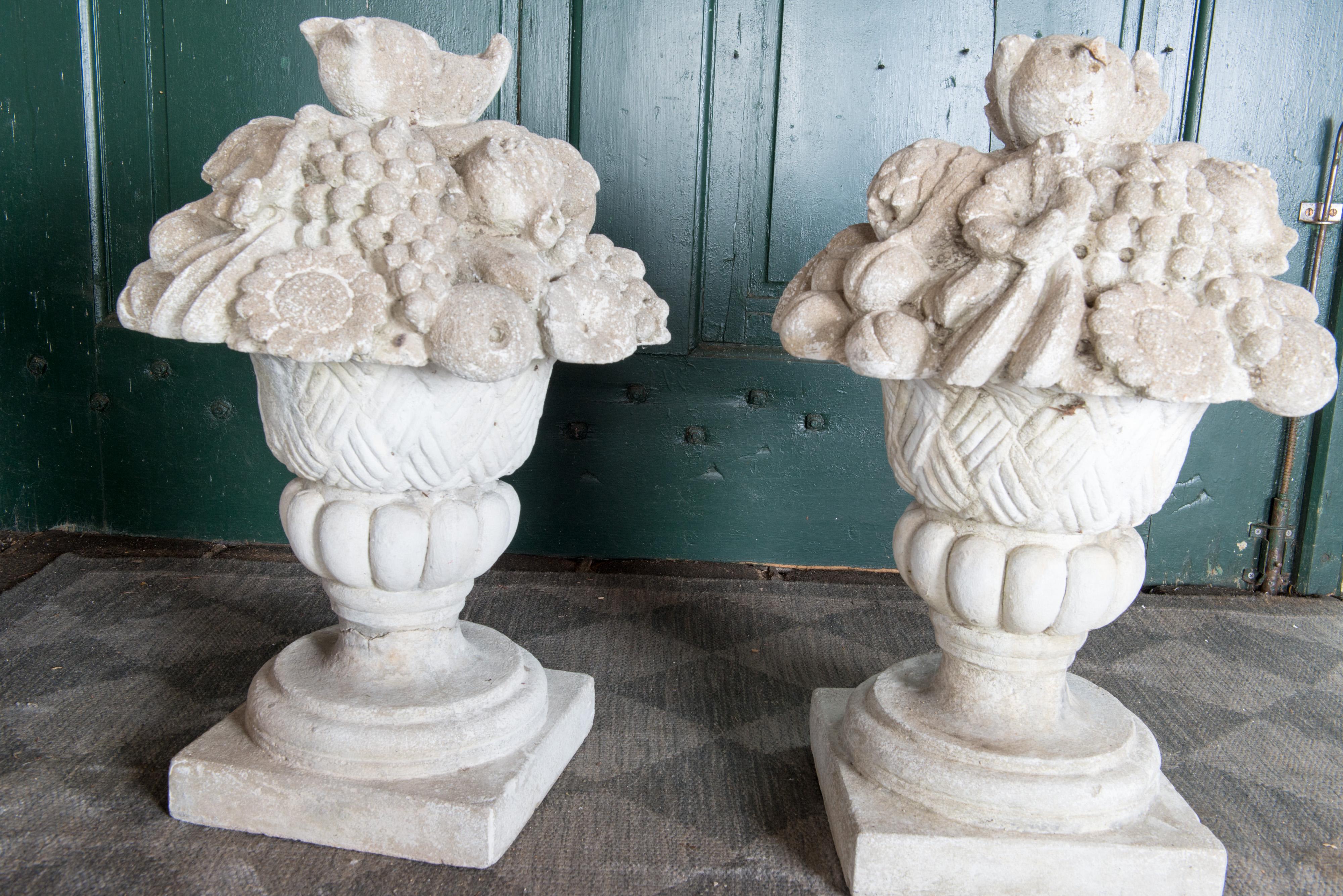 Pair Cast Stone Fruit & Flower Filled Urn Garden Ornaments In Good Condition For Sale In Stamford, CT