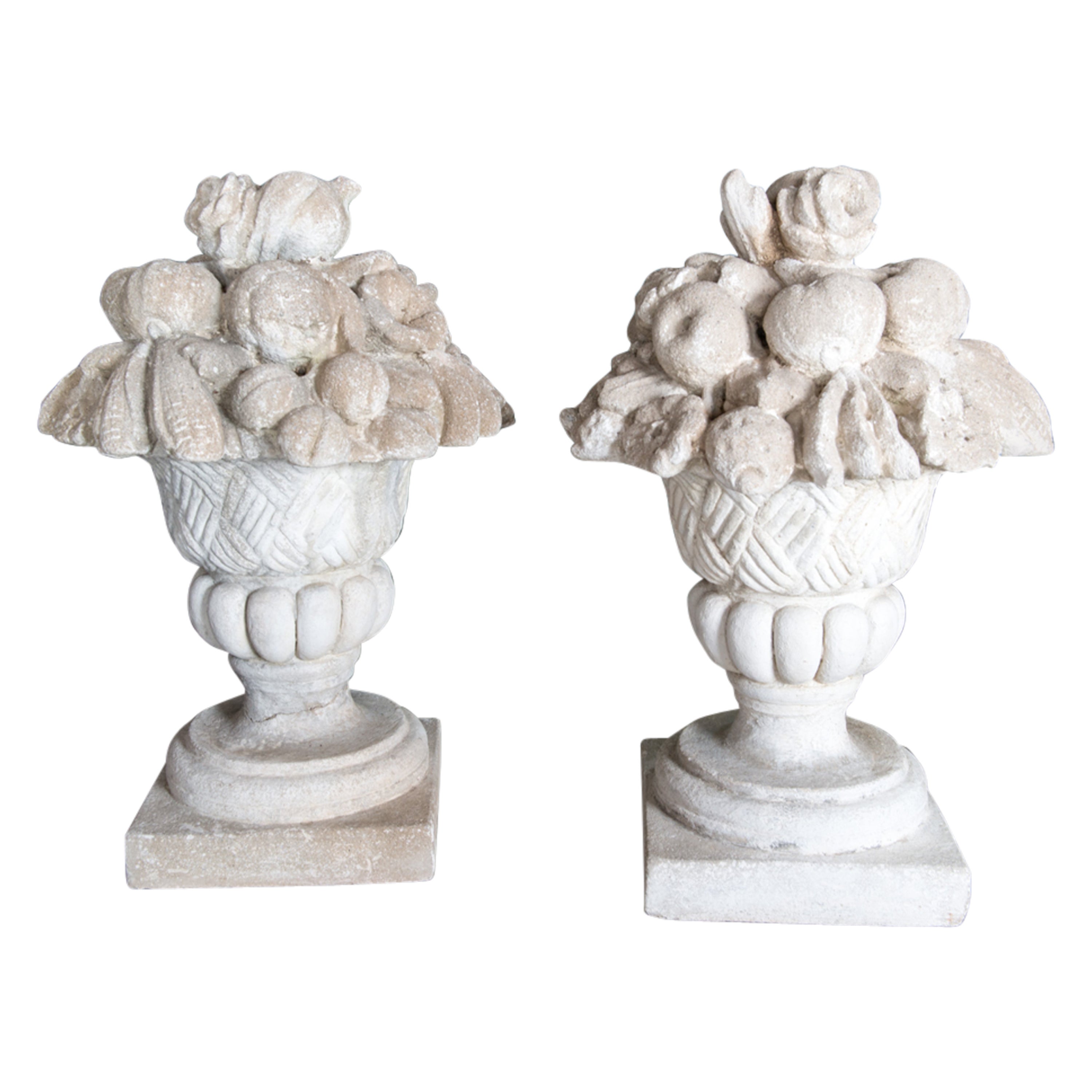Pair Cast Stone Fruit 
Flower Filled Urn Garden Ornaments