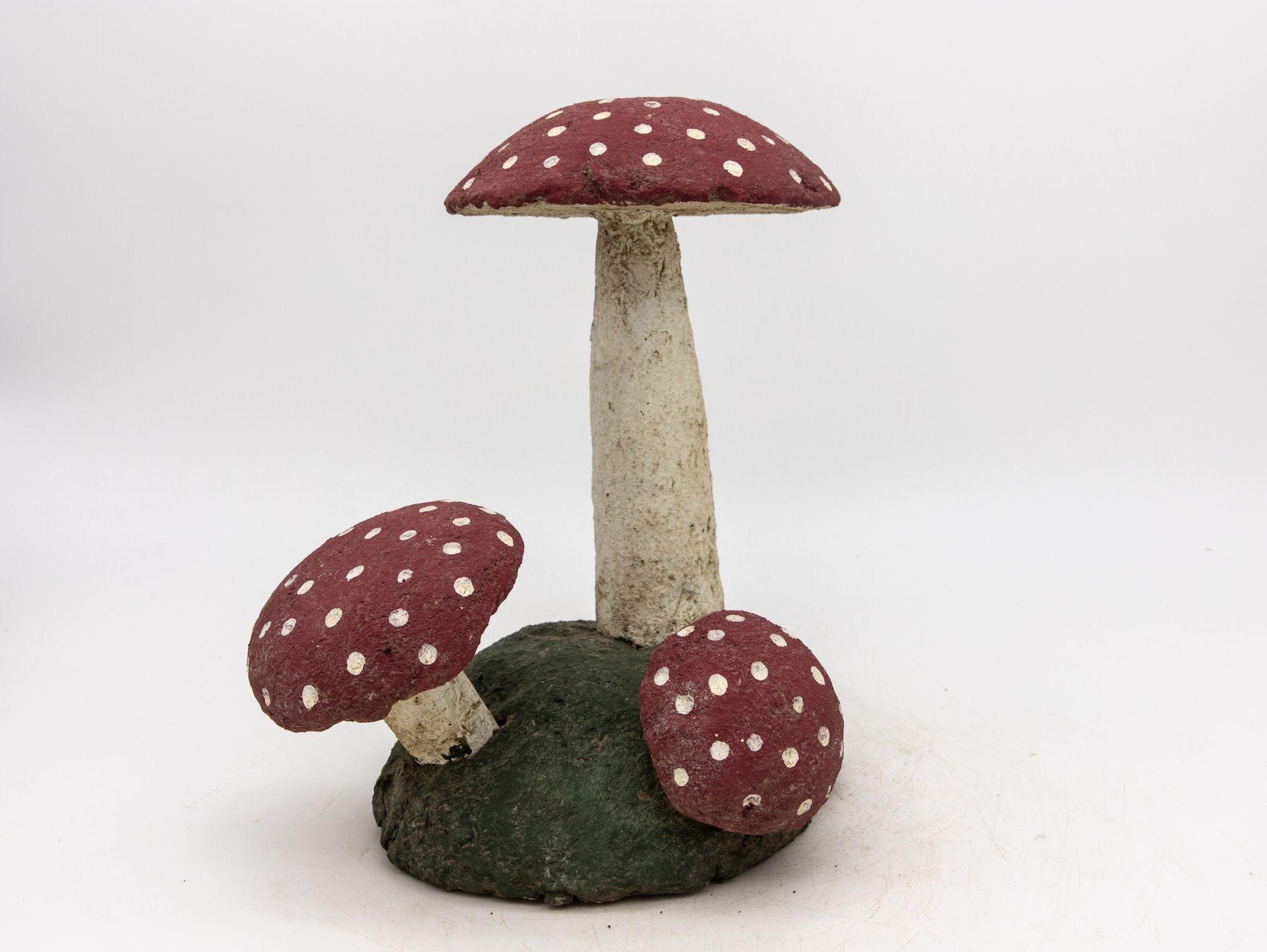 French Pair Cast Stone Mushrooms with Red, Green, and White Paint, 20th Century