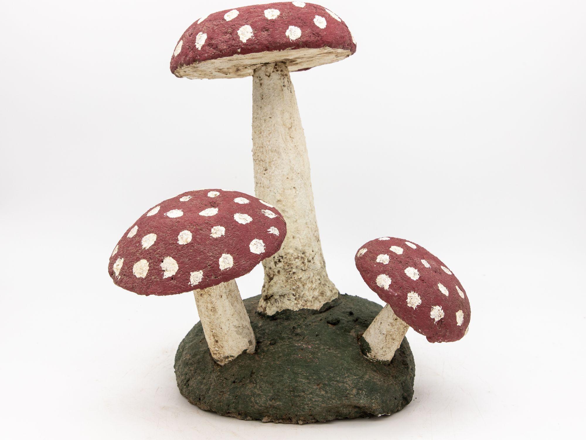 Concrete Pair Cast Stone Mushrooms with Red, Green, and White Paint, 20th Century