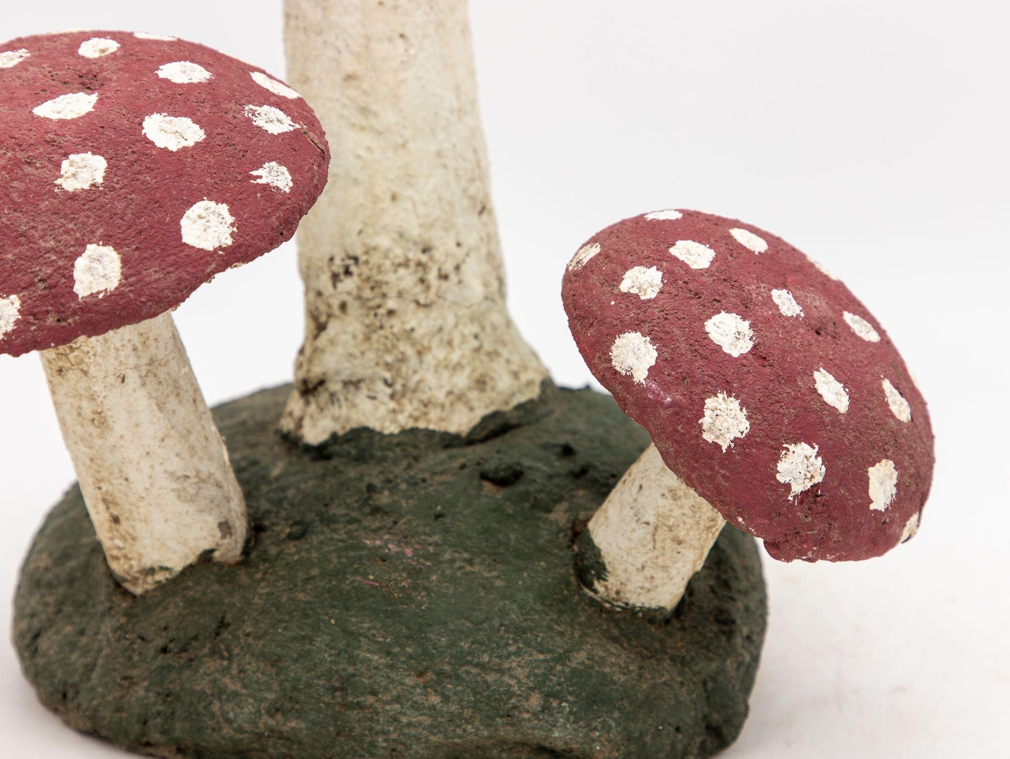 Pair Cast Stone Mushrooms with Red, Green, and White Paint, 20th Century 1