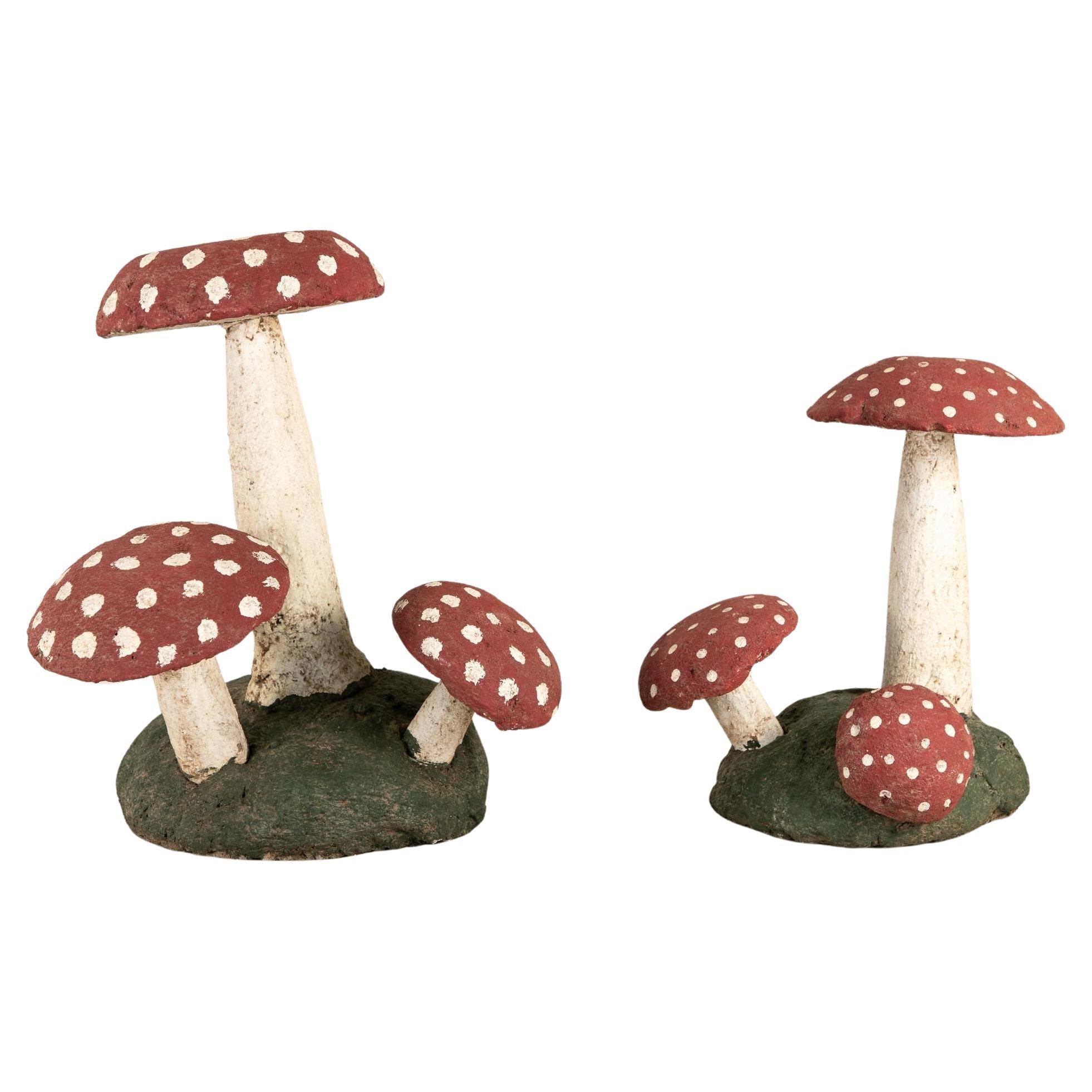 Pair Cast Stone Mushrooms with Red, Green, and White Paint, 20th Century