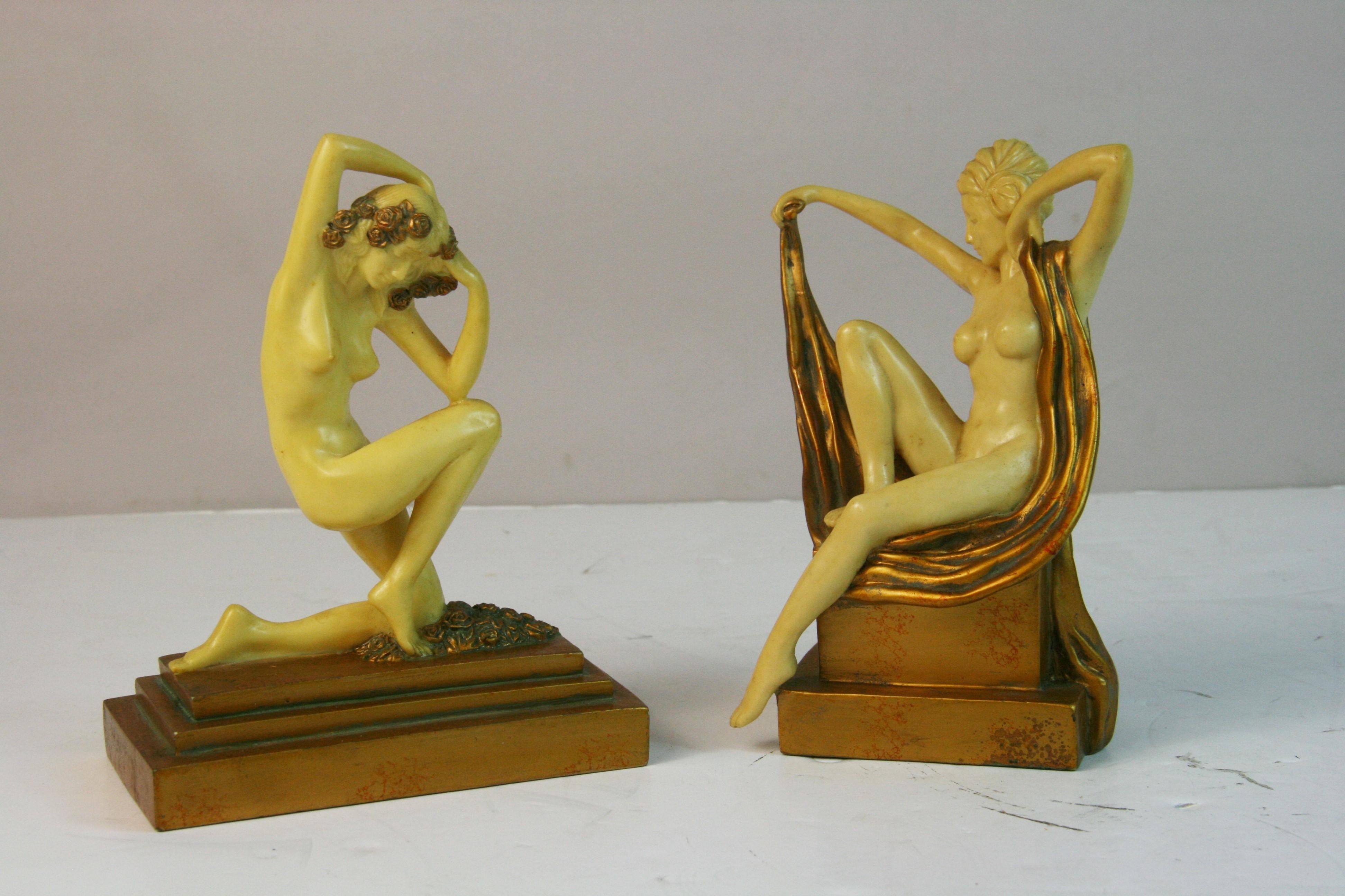 Pair Cast Stone Nude Deco Style Sculptures/Bookends In Good Condition For Sale In Douglas Manor, NY