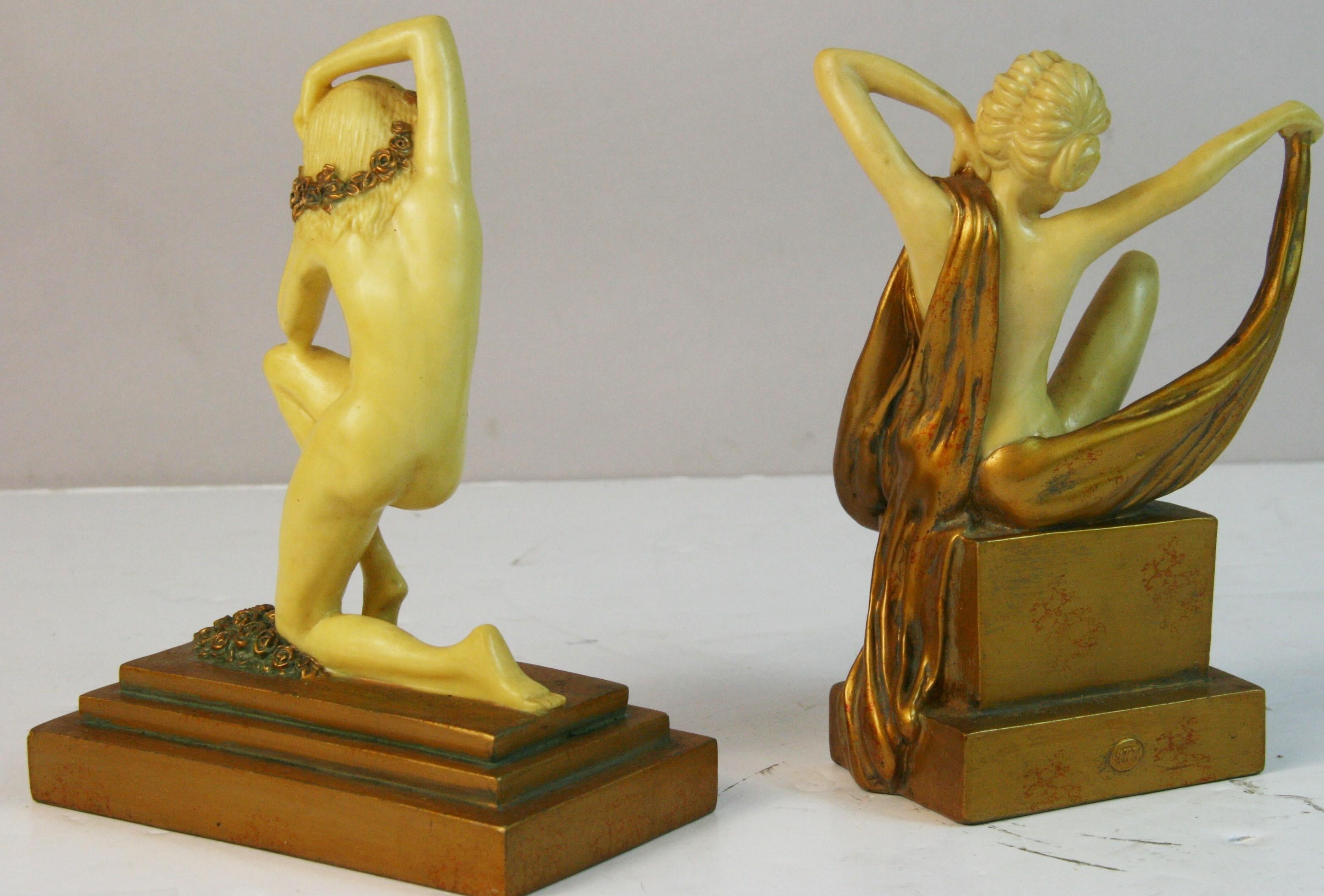 Late 20th Century Pair Cast Stone Nude Deco Style Sculptures/Bookends For Sale