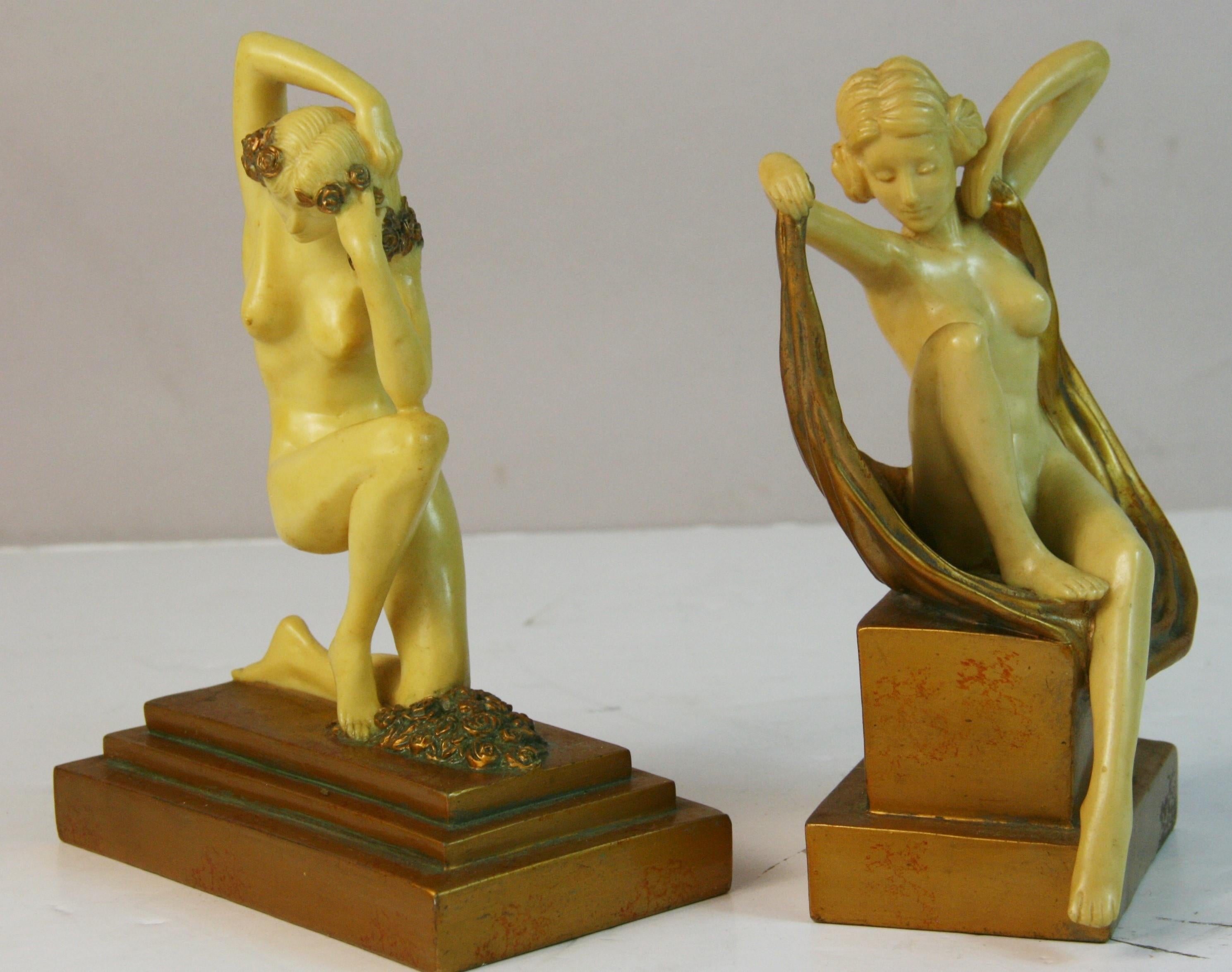 Pair Cast Stone Nude Deco Style Sculptures/Bookends For Sale 1