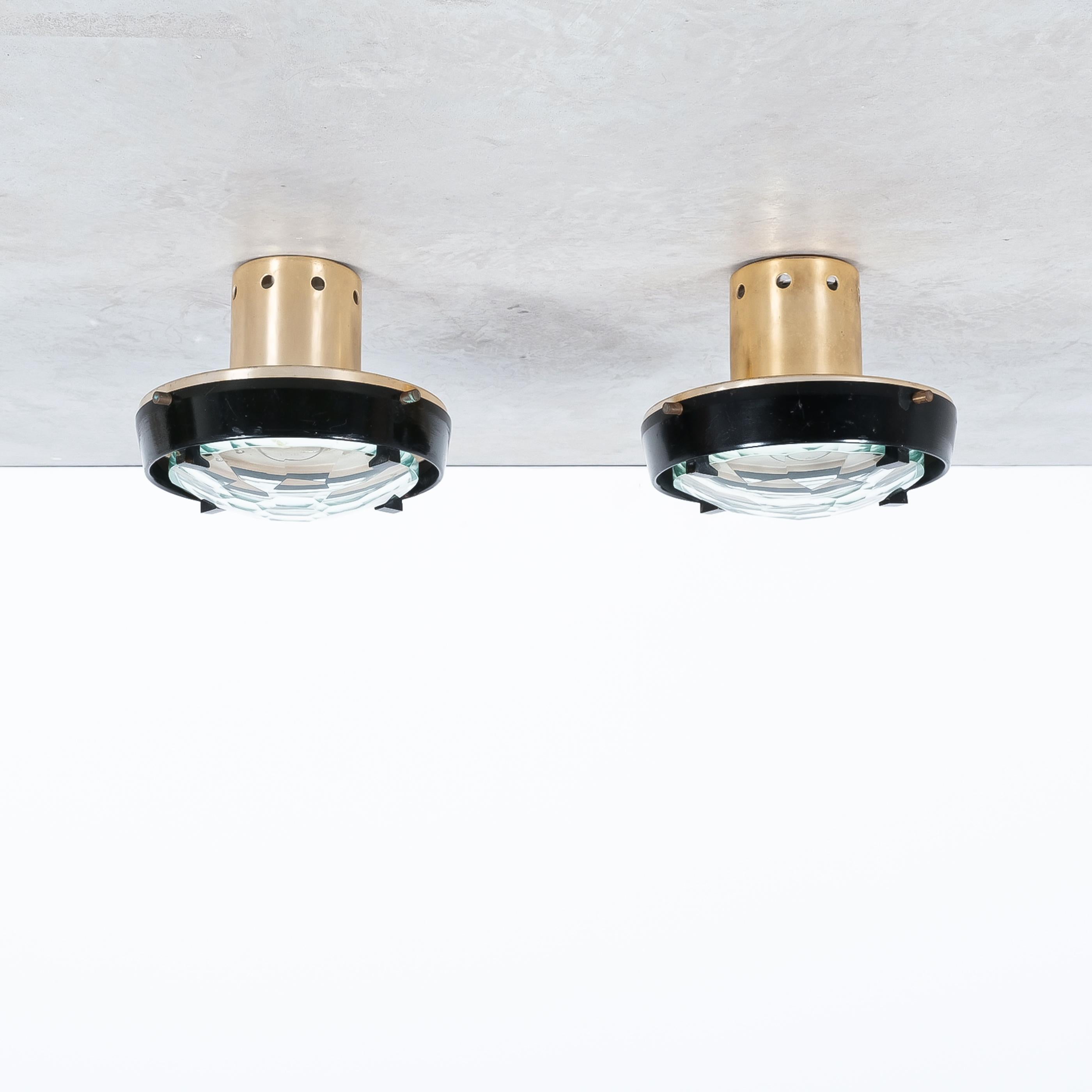 Mid-Century Modern Pair Ceiling Semi Flush Mounts by Greco, Italy, Polished Cut Glass 1960
