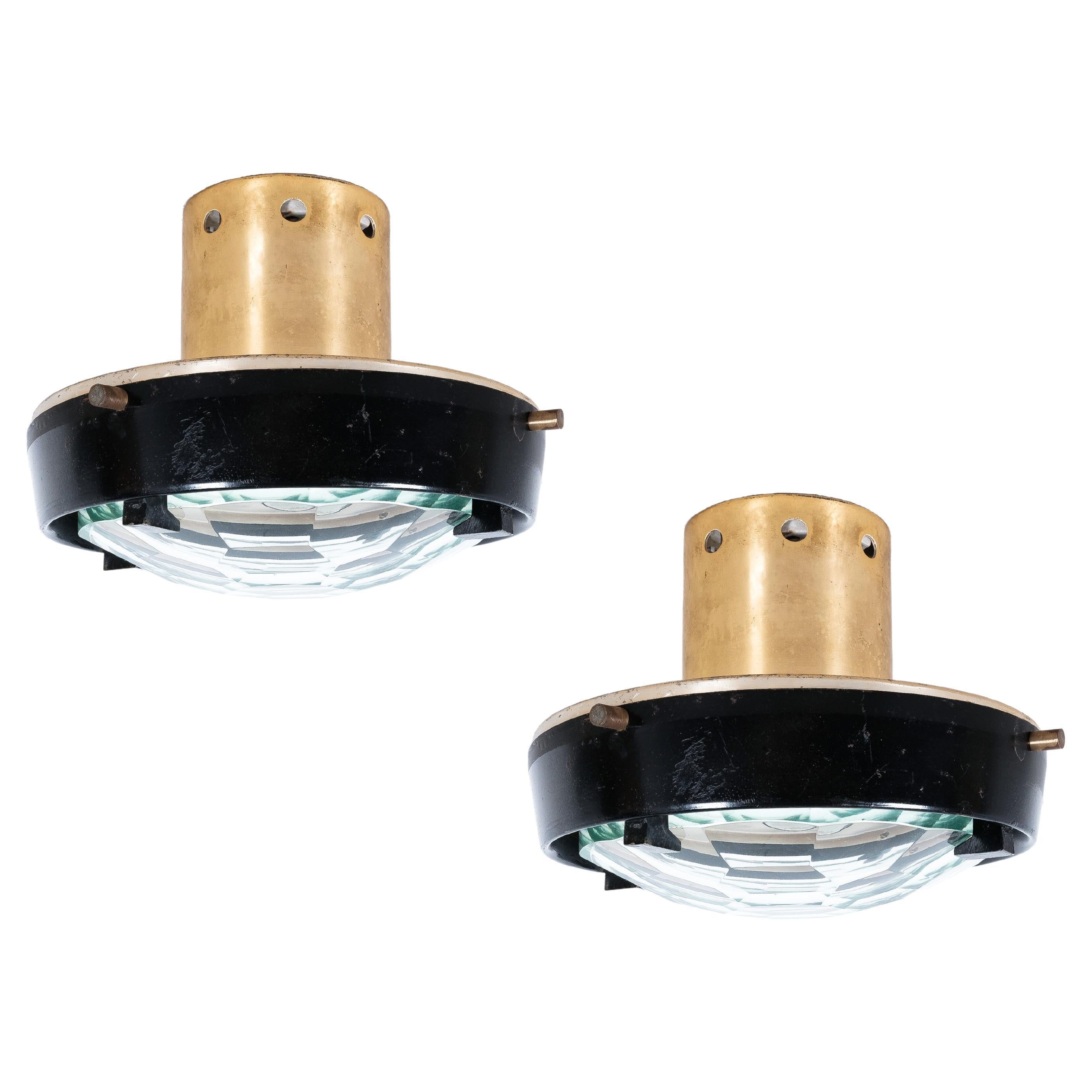 Pair Ceiling Semi Flush Mounts by Greco, Italy, Polished Cut Glass 1960