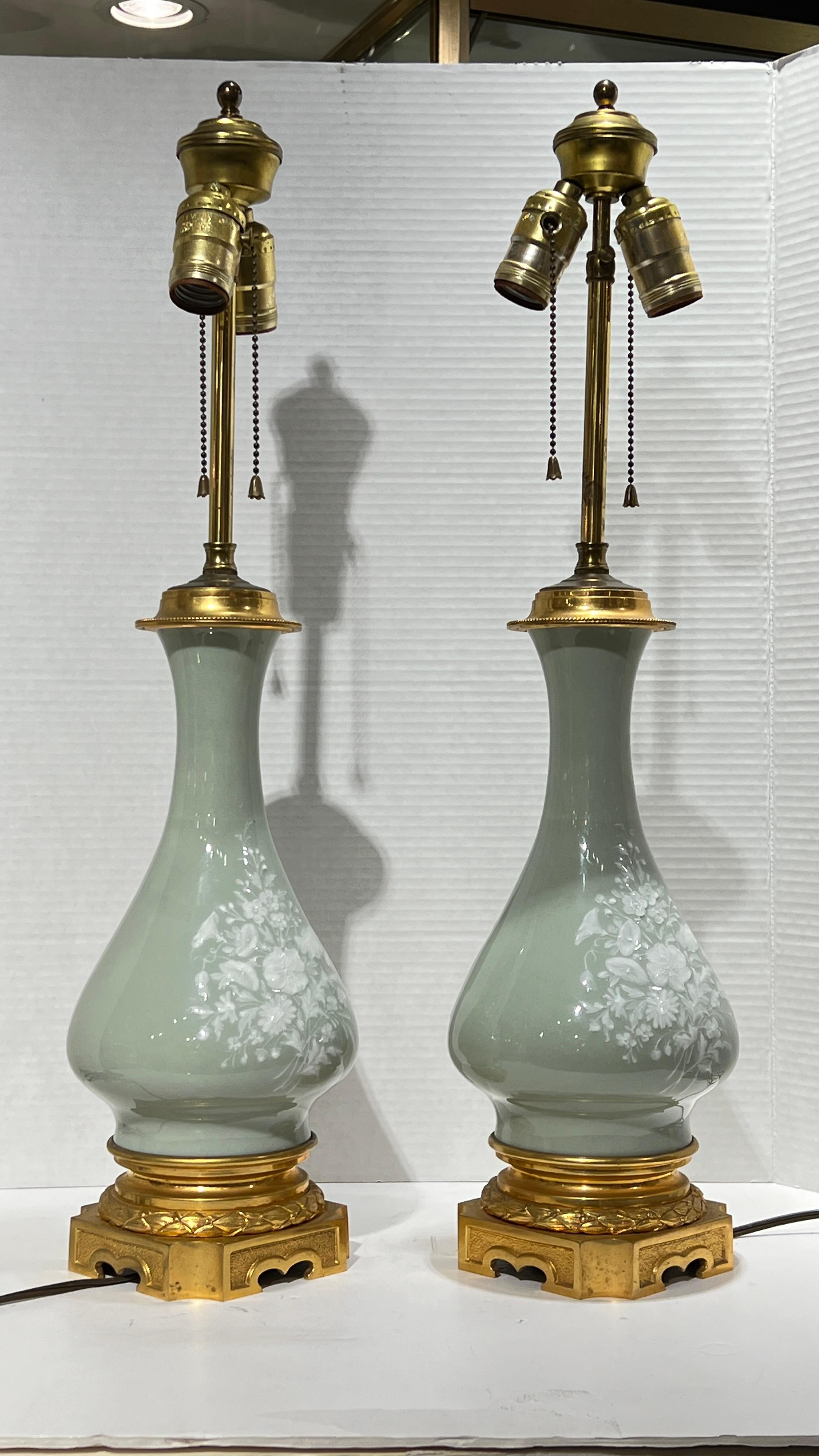 Pair Celadon Green and White Pate-sur-pate Porcelain and Bronze Table Lamps For Sale 10