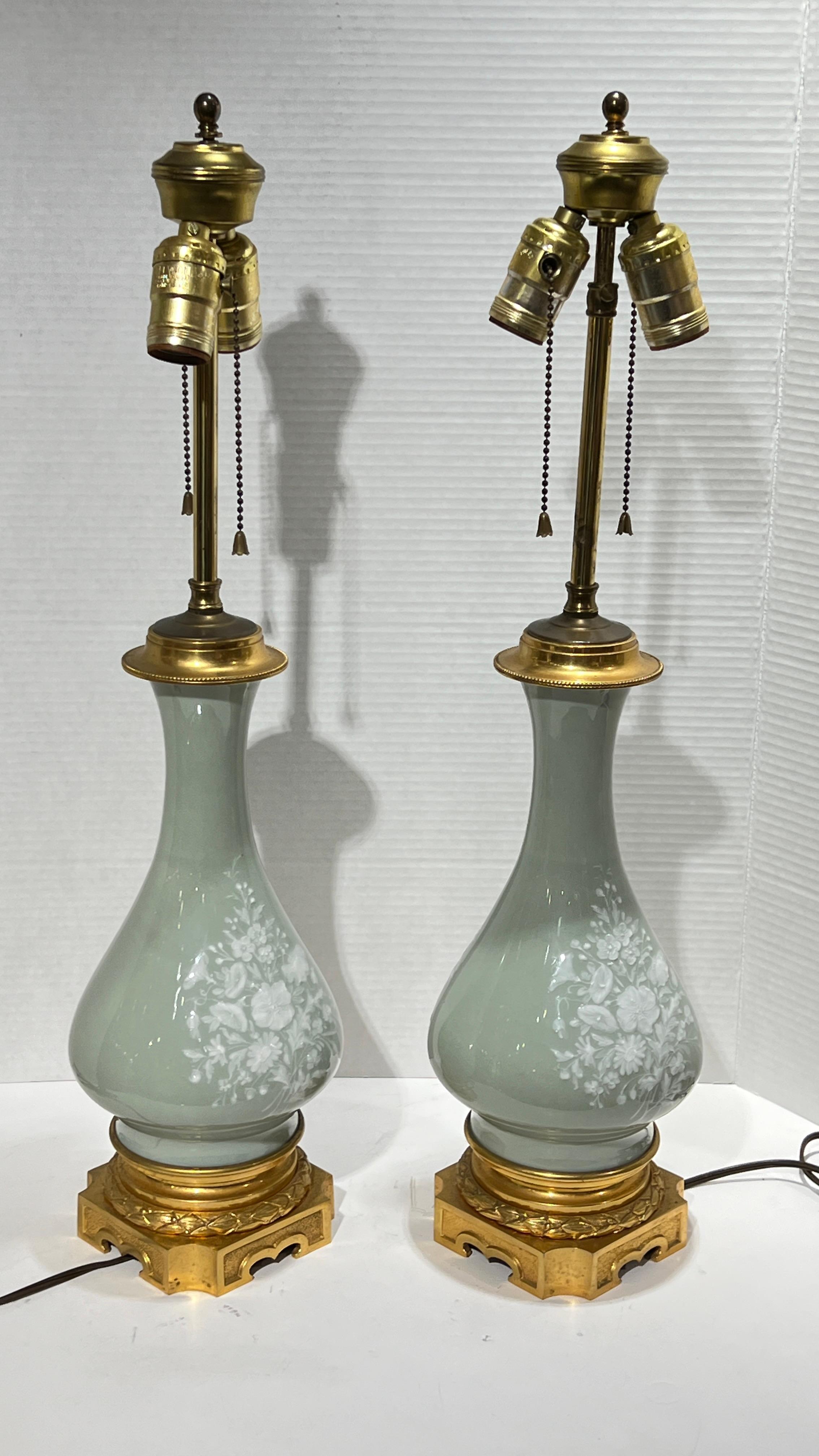 Pair Celadon Green and White Pate-sur-pate Porcelain and Bronze Table Lamps For Sale 11