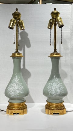 Pair Celadon Green and White Pate-sur-pate Porcelain and Bronze Table Lamps