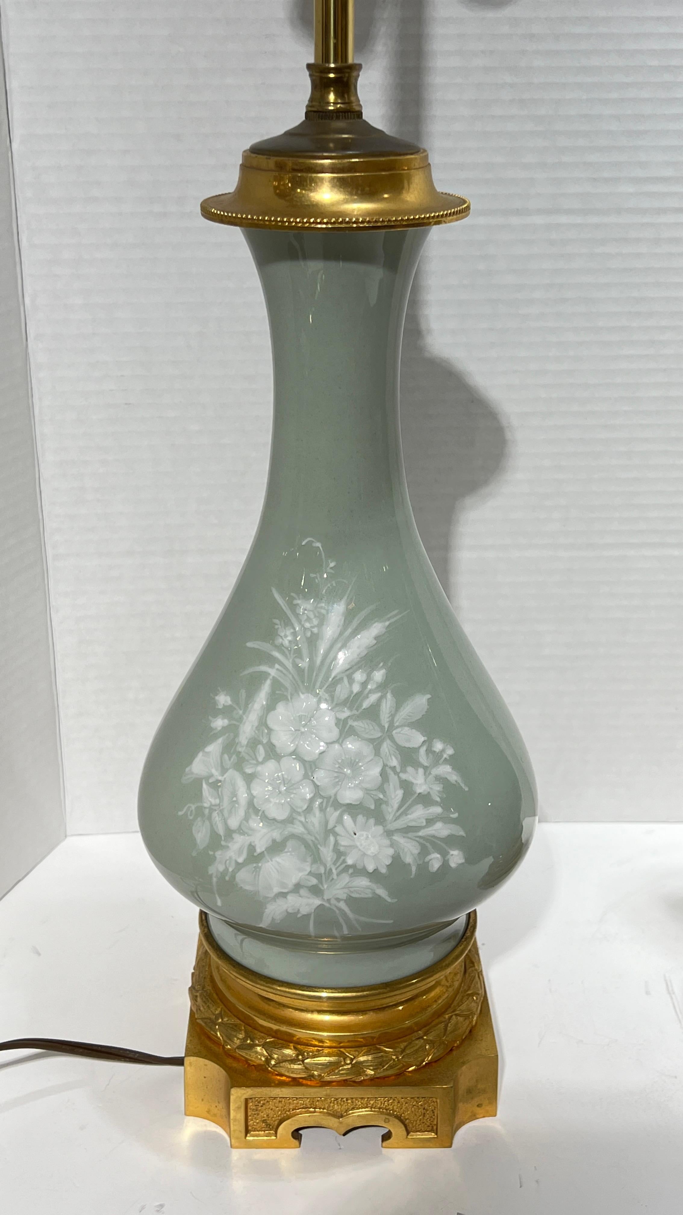 French Pair Celadon Green and White Pate-sur-pate Porcelain and Bronze Table Lamps