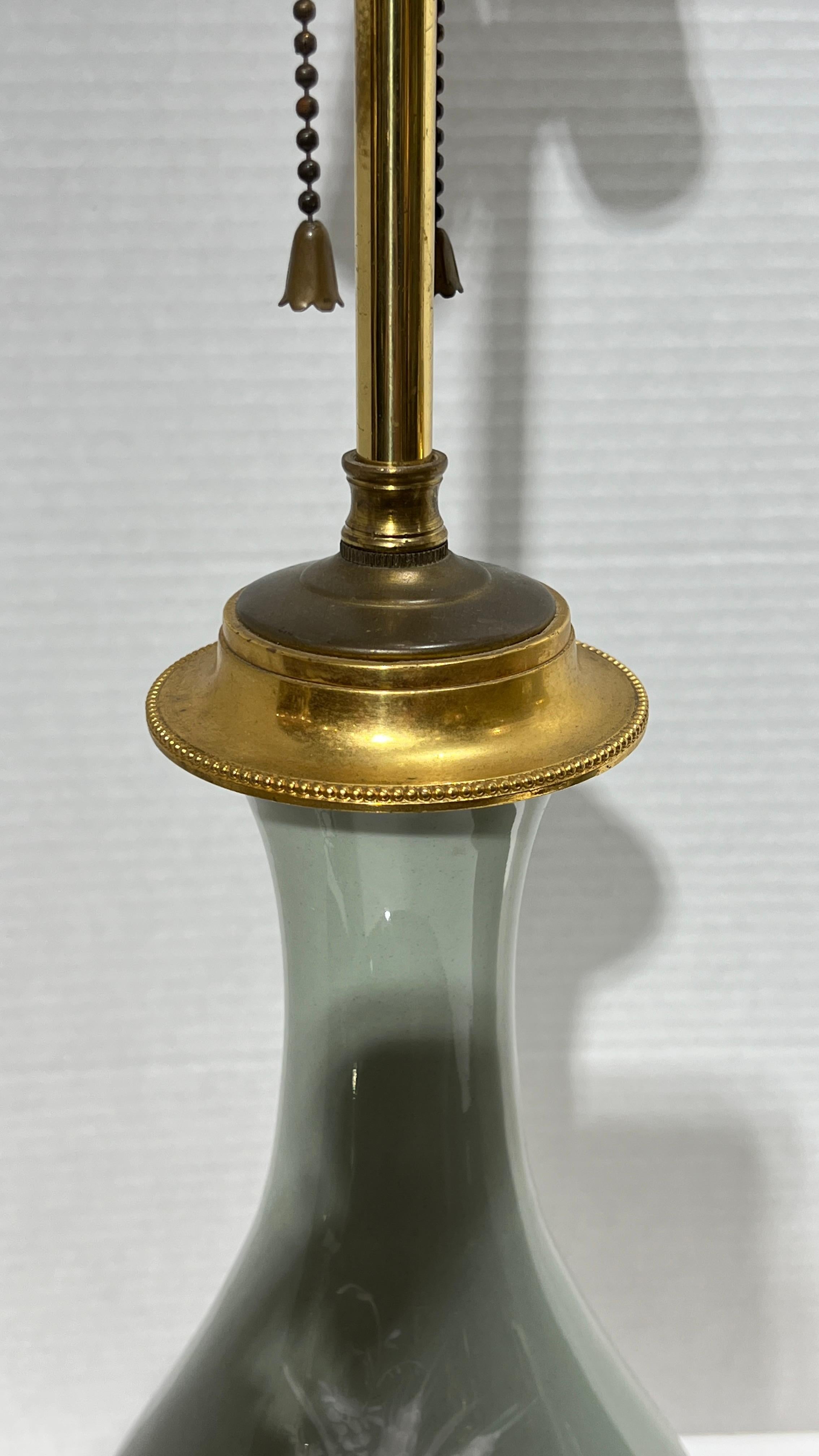 19th Century Pair Celadon Green and White Pate-sur-pate Porcelain and Bronze Table Lamps