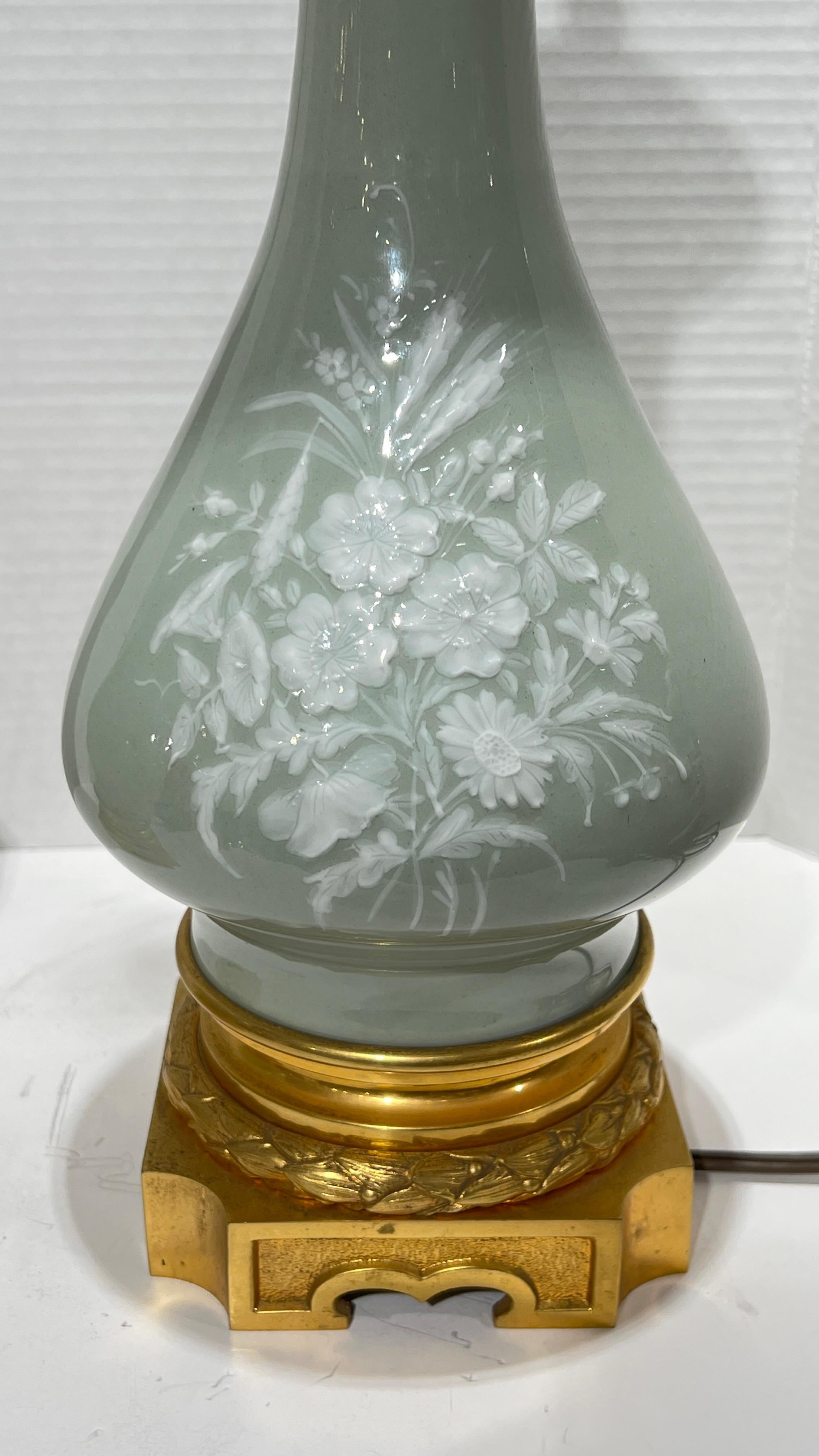 Pair Celadon Green and White Pate-sur-pate Porcelain and Bronze Table Lamps 3