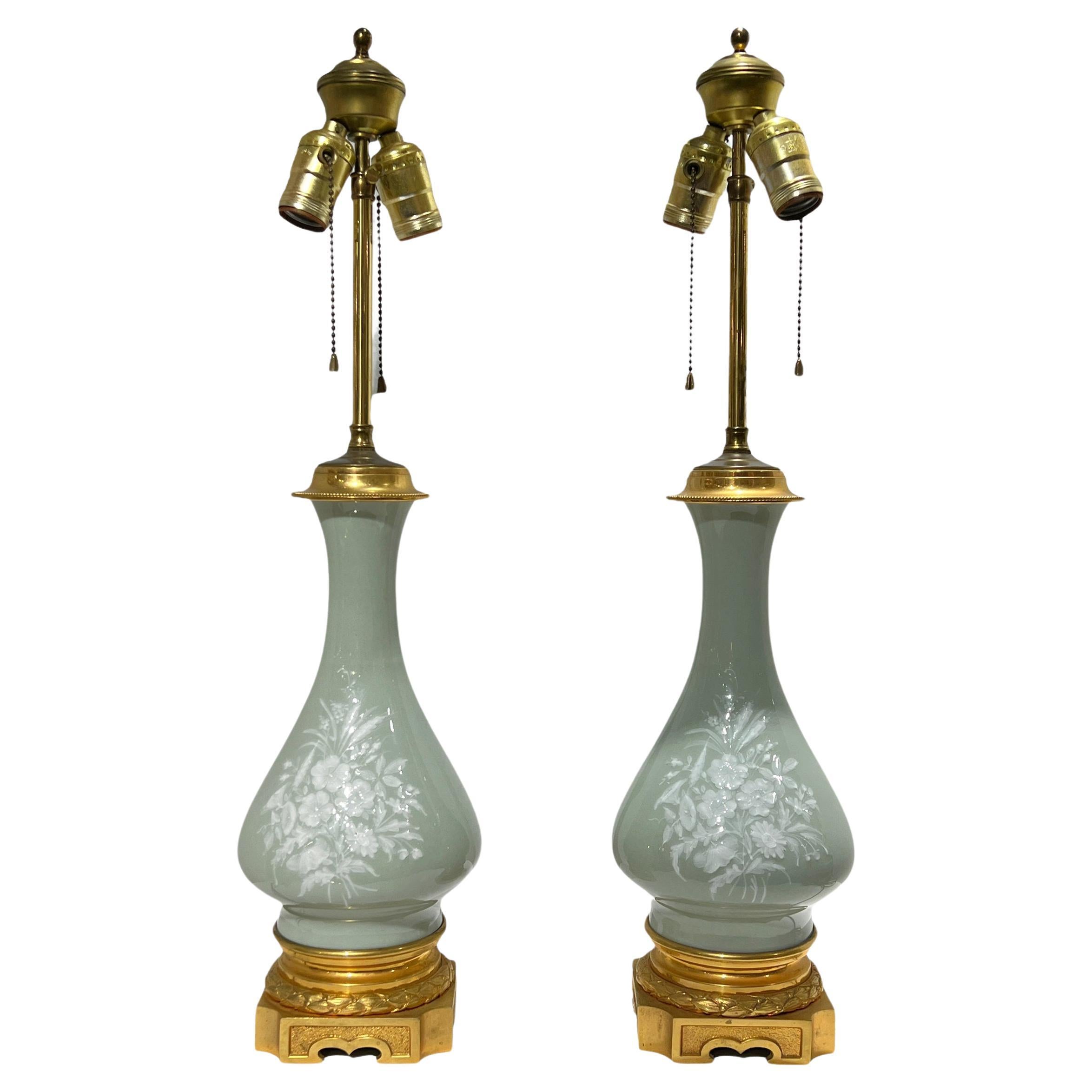 Pair Celadon Green and White Pate-sur-pate Porcelain and Bronze Table Lamps